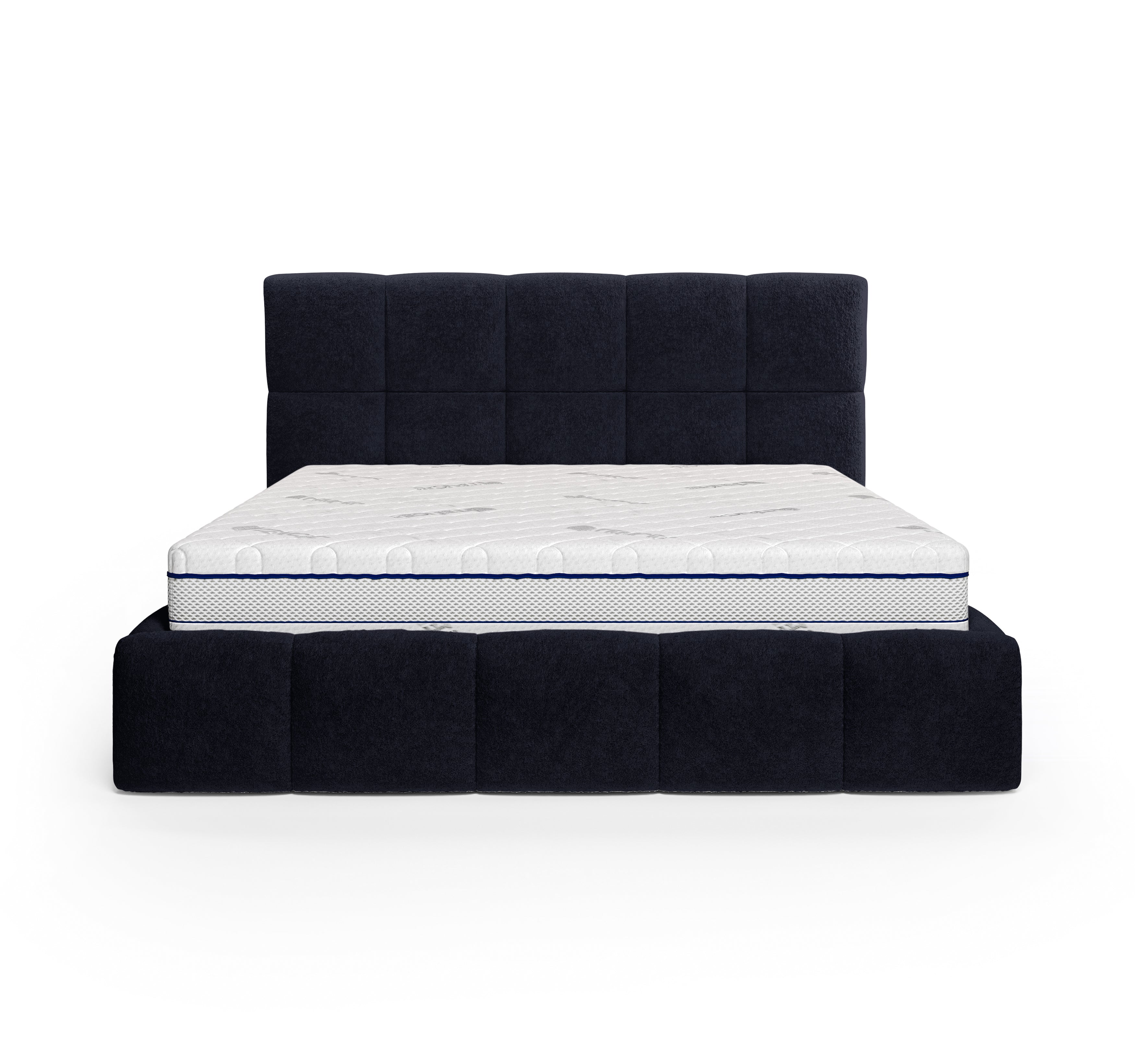 Lit Ravignan 140x200 en tissu peluche poil court bleu Paname Avenue, vue de face sur fond blanc