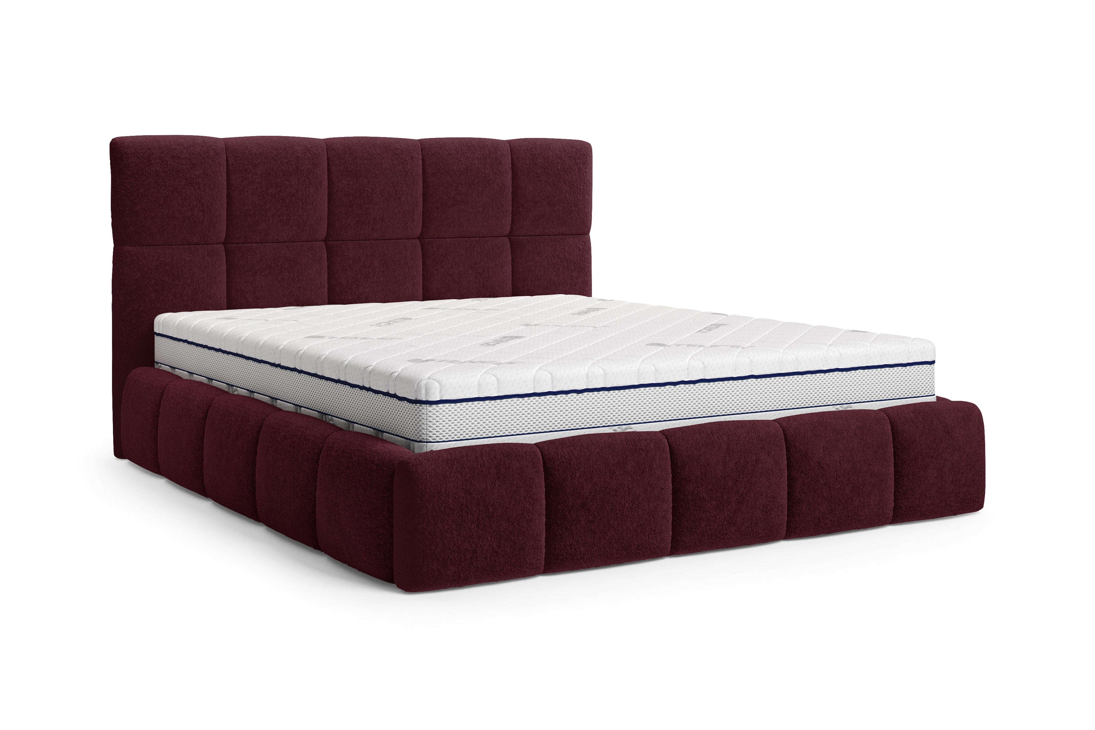 Lit Ravignan 140x200 en tissu peluche poil court bordeaux Paname Avenue, vue trois-quarts sur fond blanc