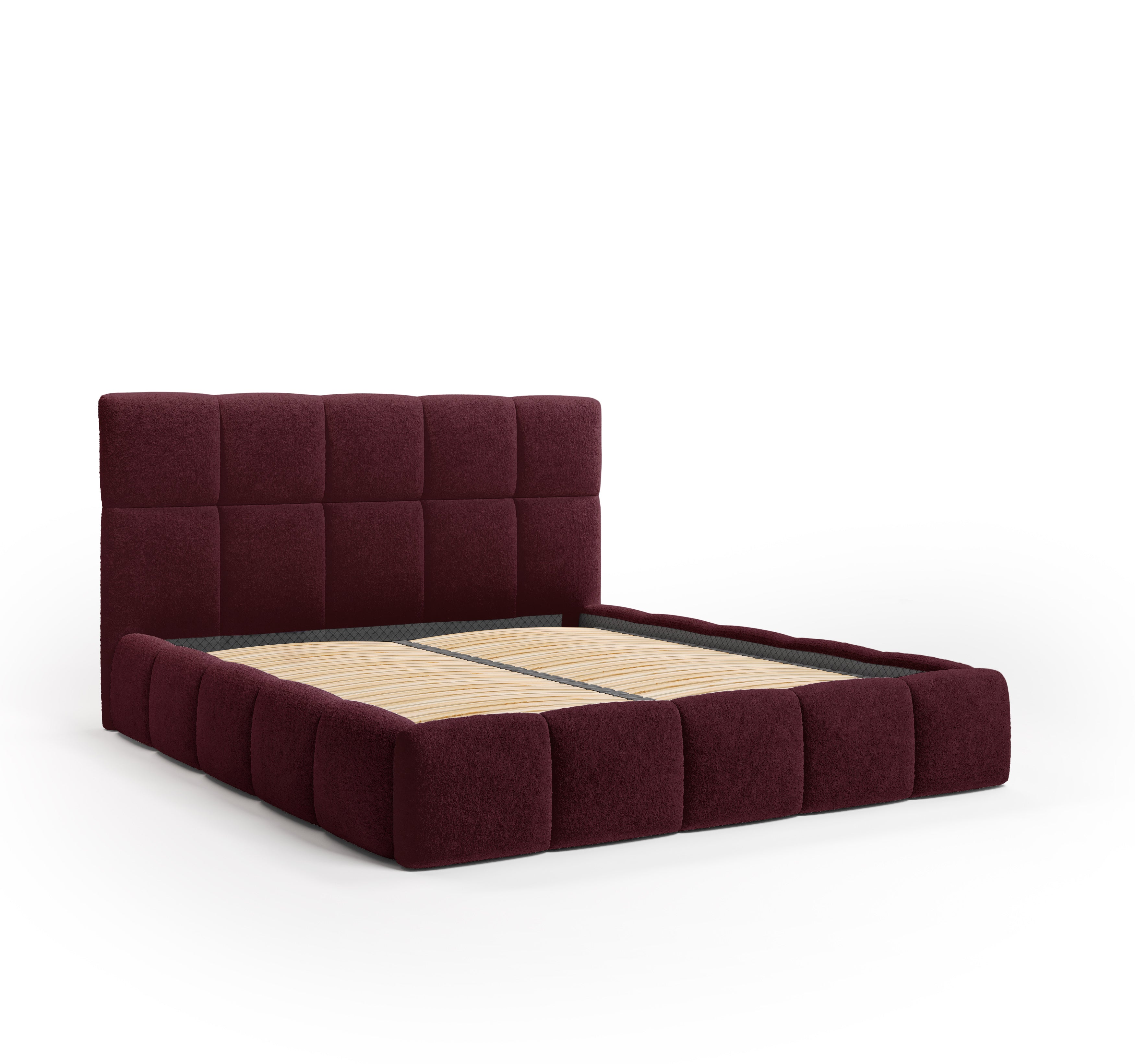 Lit Ravignan 140x200 en tissu peluche poil court bordeaux Paname Avenue, vue trois-quarts sans matelas sur fond blanc