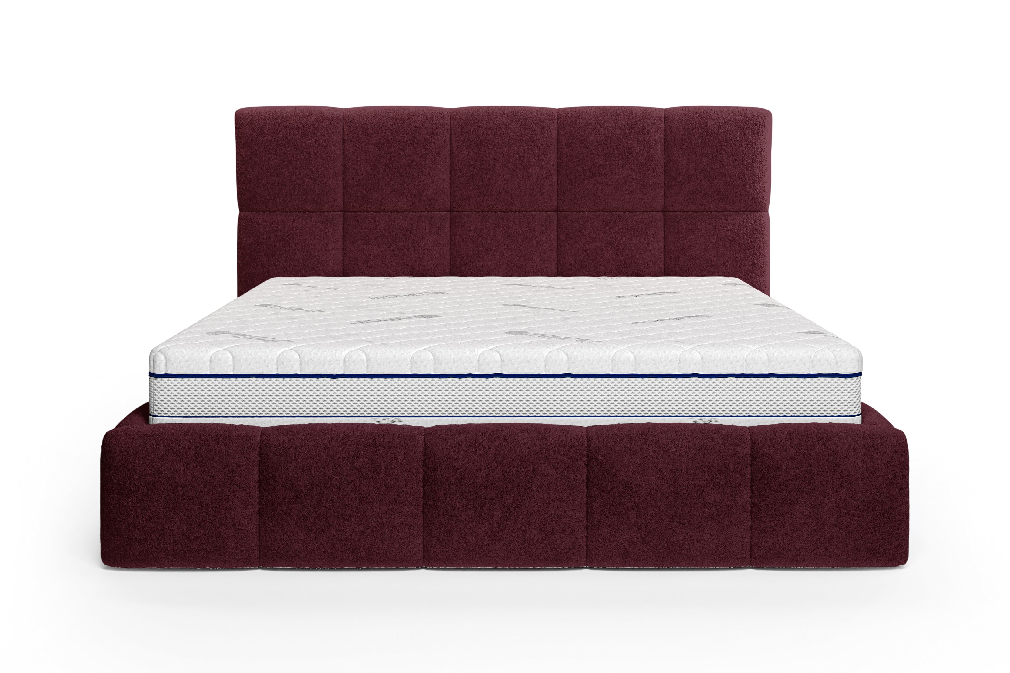 Lit Ravignan 140x200 en tissu peluche poil court bordeaux Paname Avenue, vue de face sur fond blanc