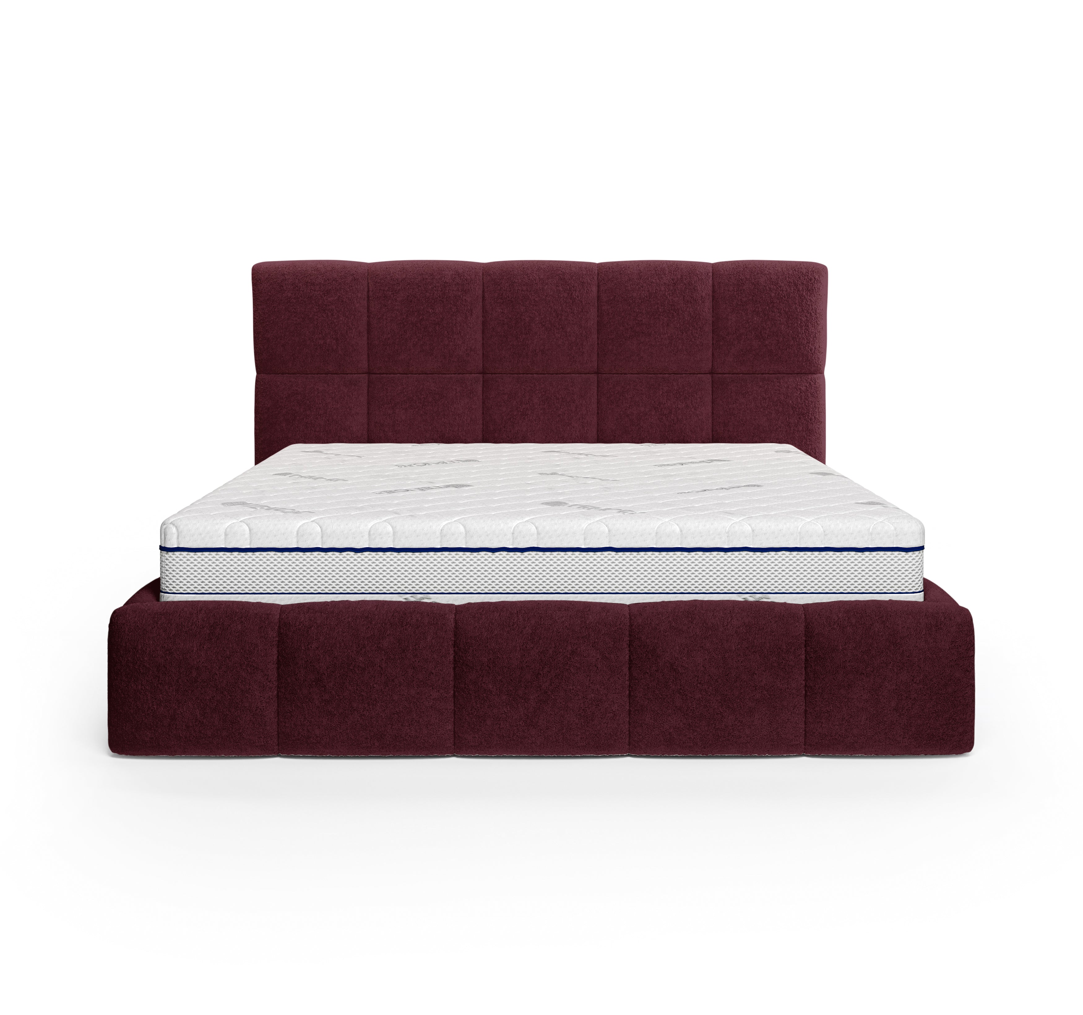 Lit Ravignan 140x200 en tissu peluche poil court bordeaux Paname Avenue, vue de face sur fond blanc