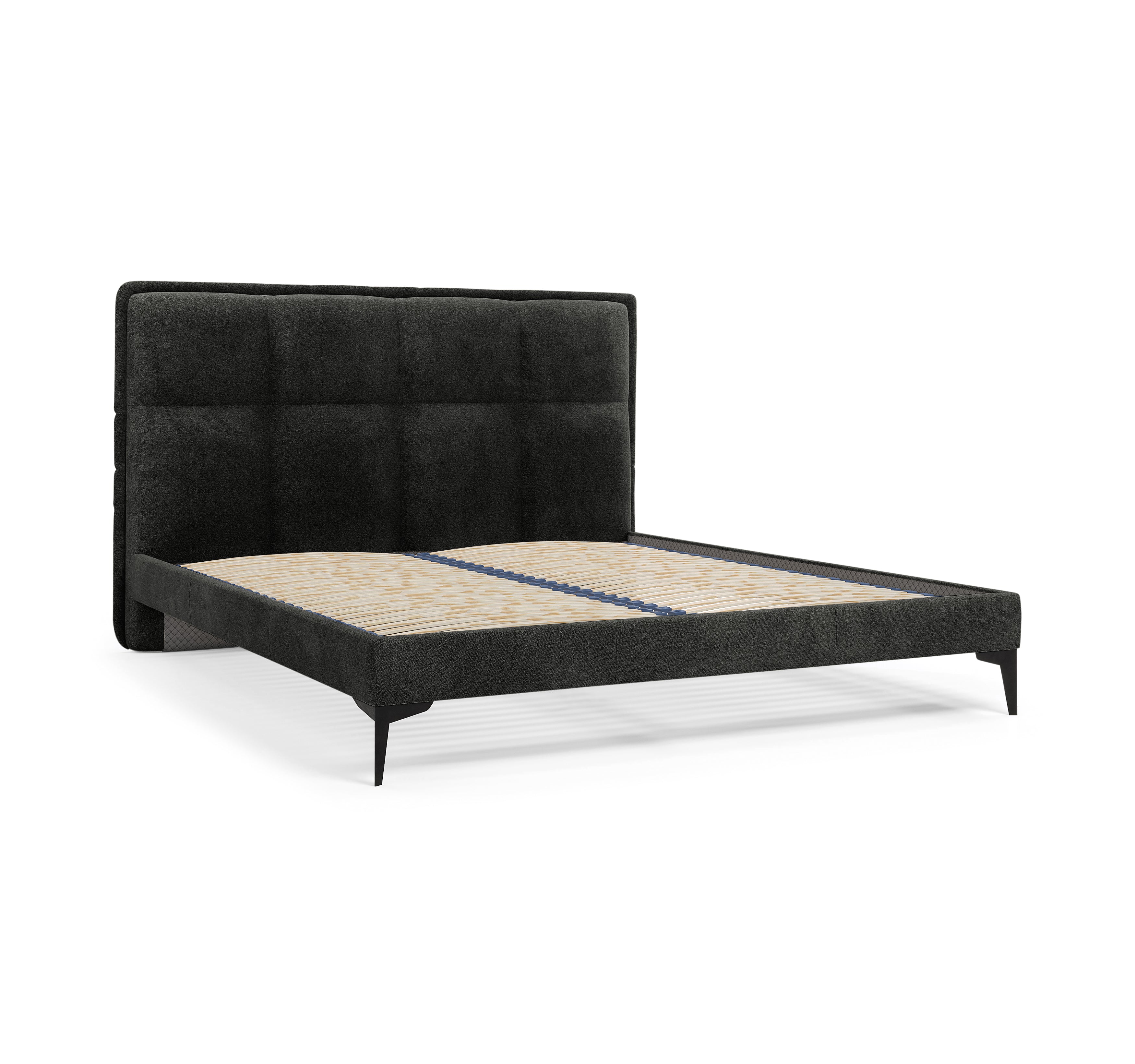 Lit Valmy 140x200 en tissu bouclette anthracite Paname Avenue, vue trois-quarts sans matelas sur fond blanc