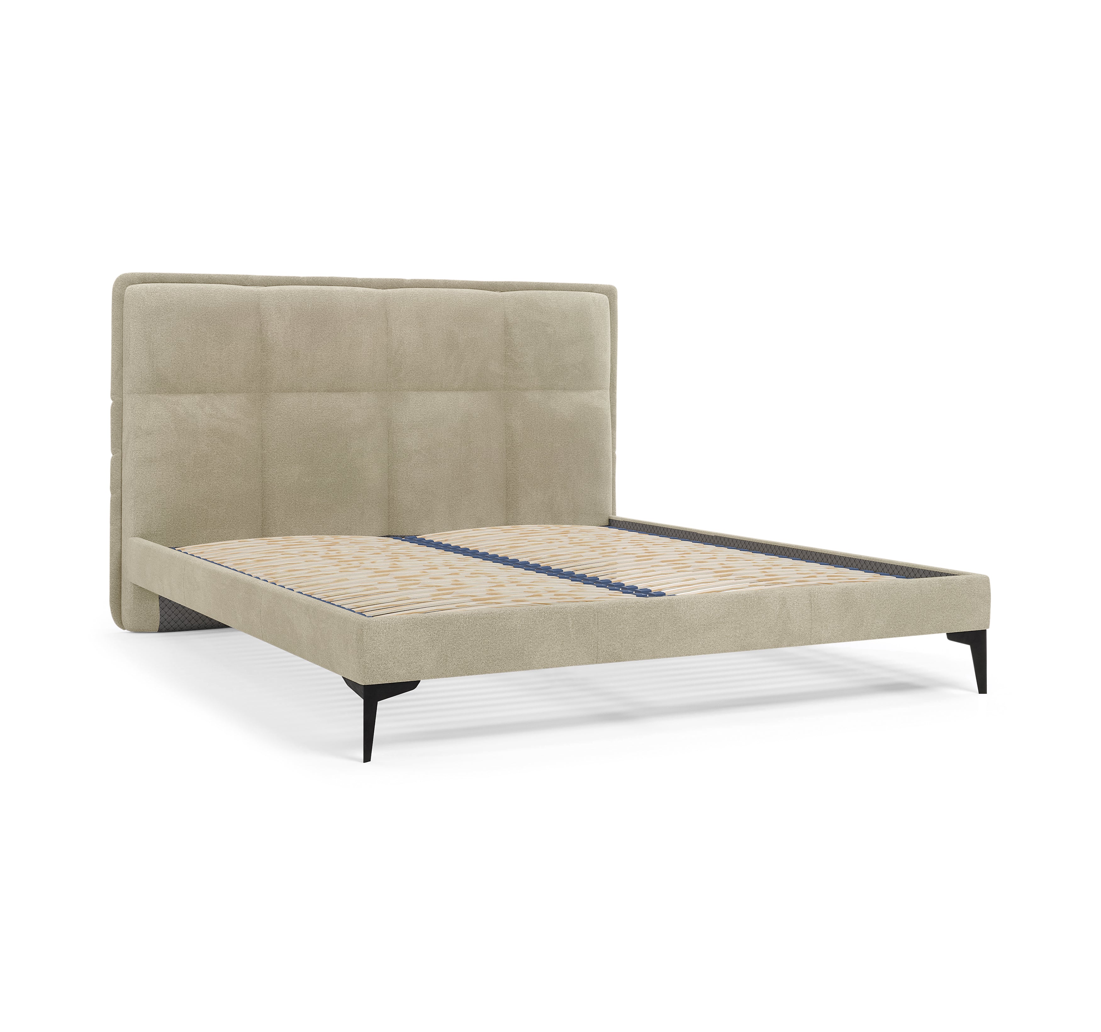 Lit Valmy 140x200 en tissu bouclette beige Paname Avenue, vue trois-quarts sans matelas sur fond blanc