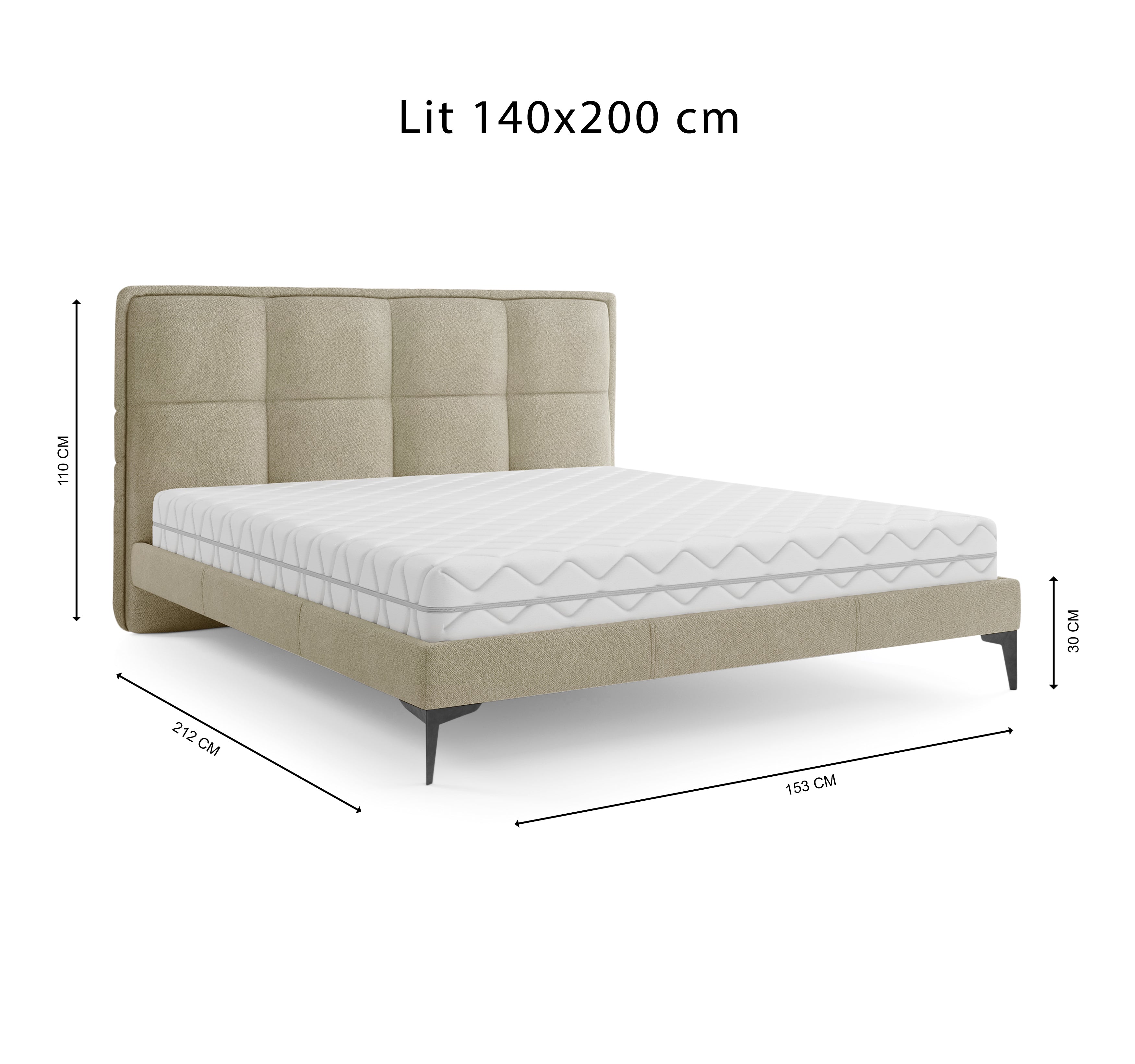 Lit Valmy 140x200 en tissu bouclette beige Paname Avenue, schéma des dimensions du lit