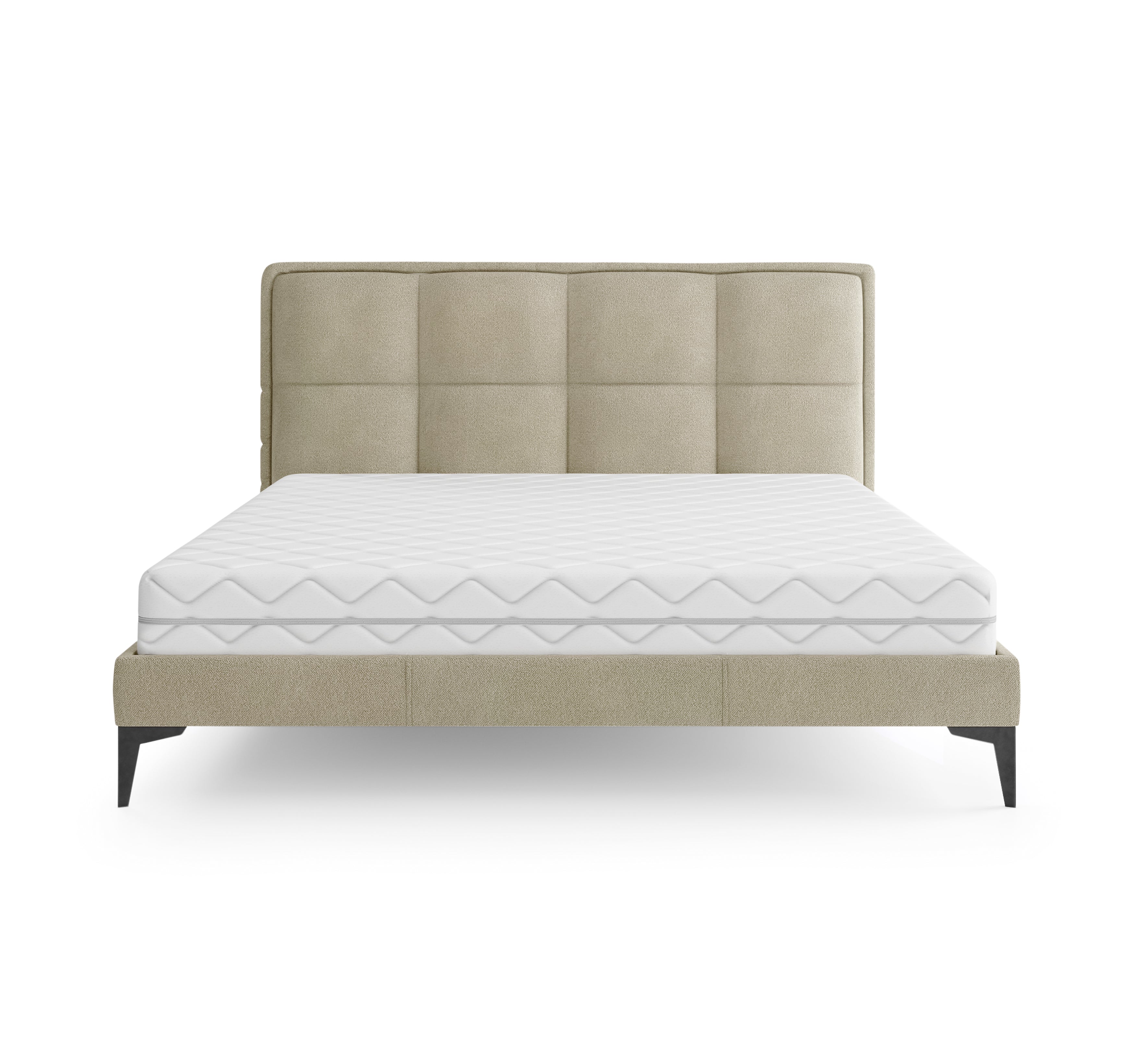 Lit Valmy 140x200 en tissu bouclette beige Paname Avenue, vue de face sur fond blanc