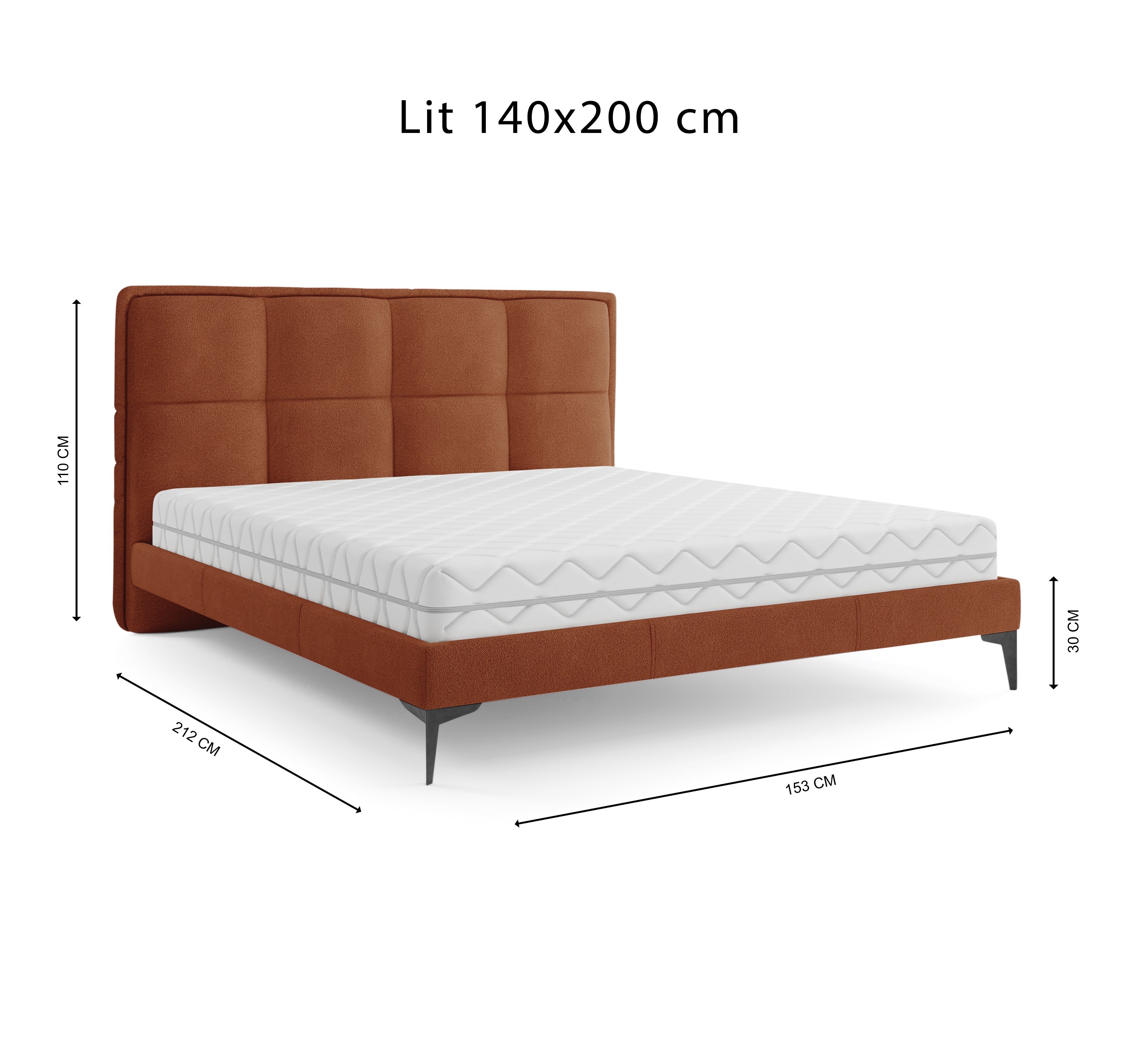 Lit Valmy 140x200 en tissu bouclette terracotta Paname Avenue, schéma des dimensions du lit