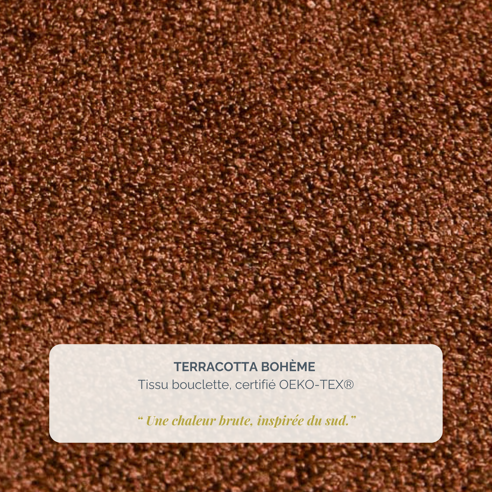 Lit Valmy 140x200 en tissu bouclette terracotta Paname Avenue, détail de la texture du revêtement