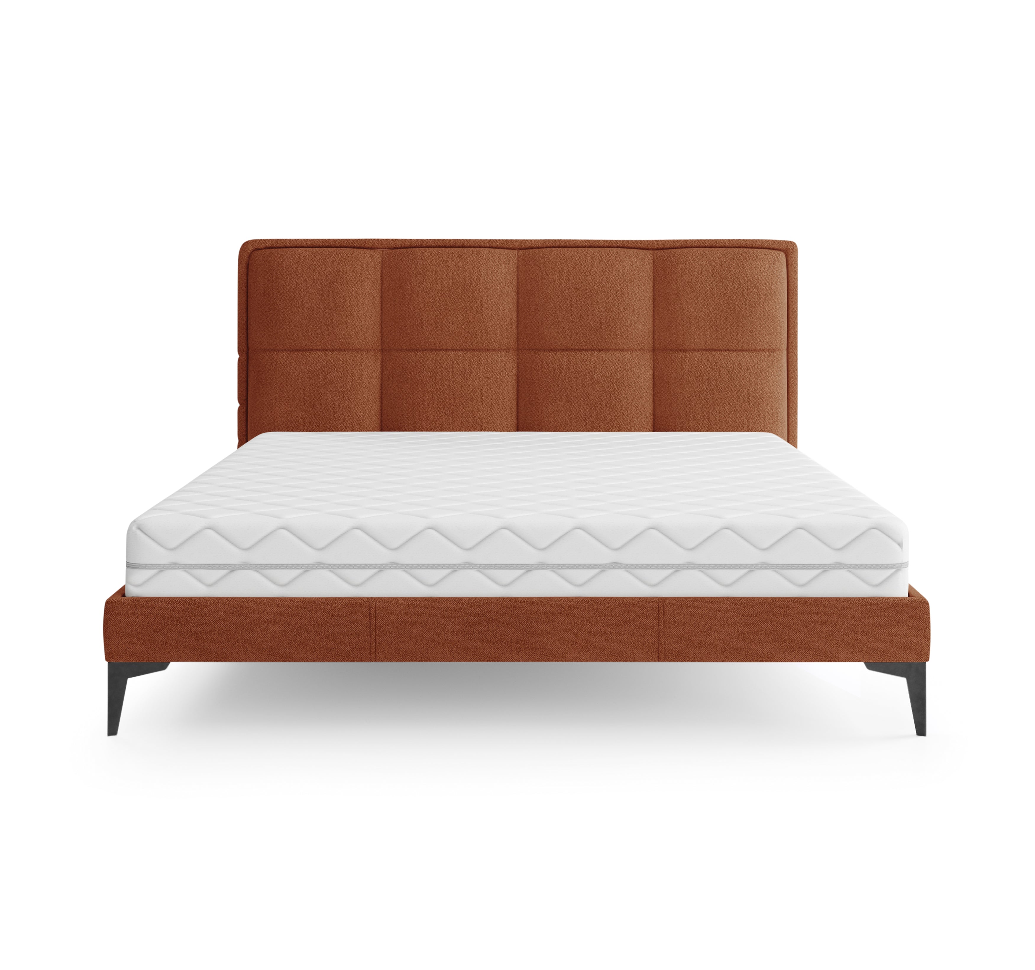 Lit Valmy 140x200 en tissu bouclette terracotta Paname Avenue, vue de face sur fond blanc