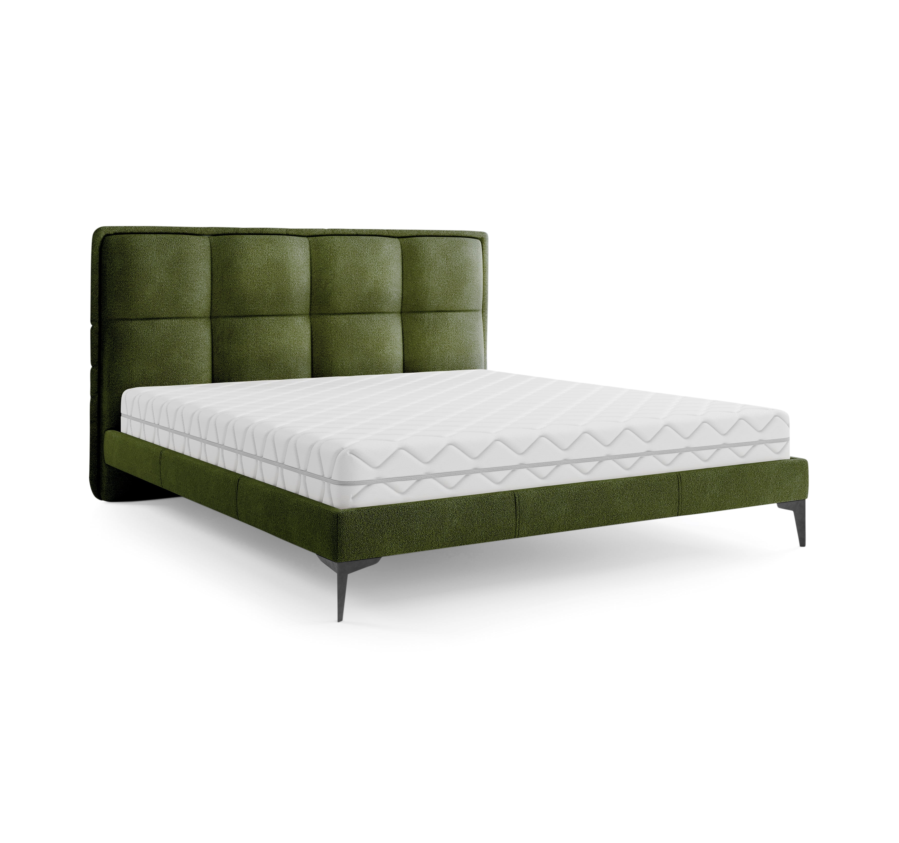 Lit Valmy 140x200 en tissu bouclette vert olive Paname Avenue, vue trois-quarts sur fond blanc