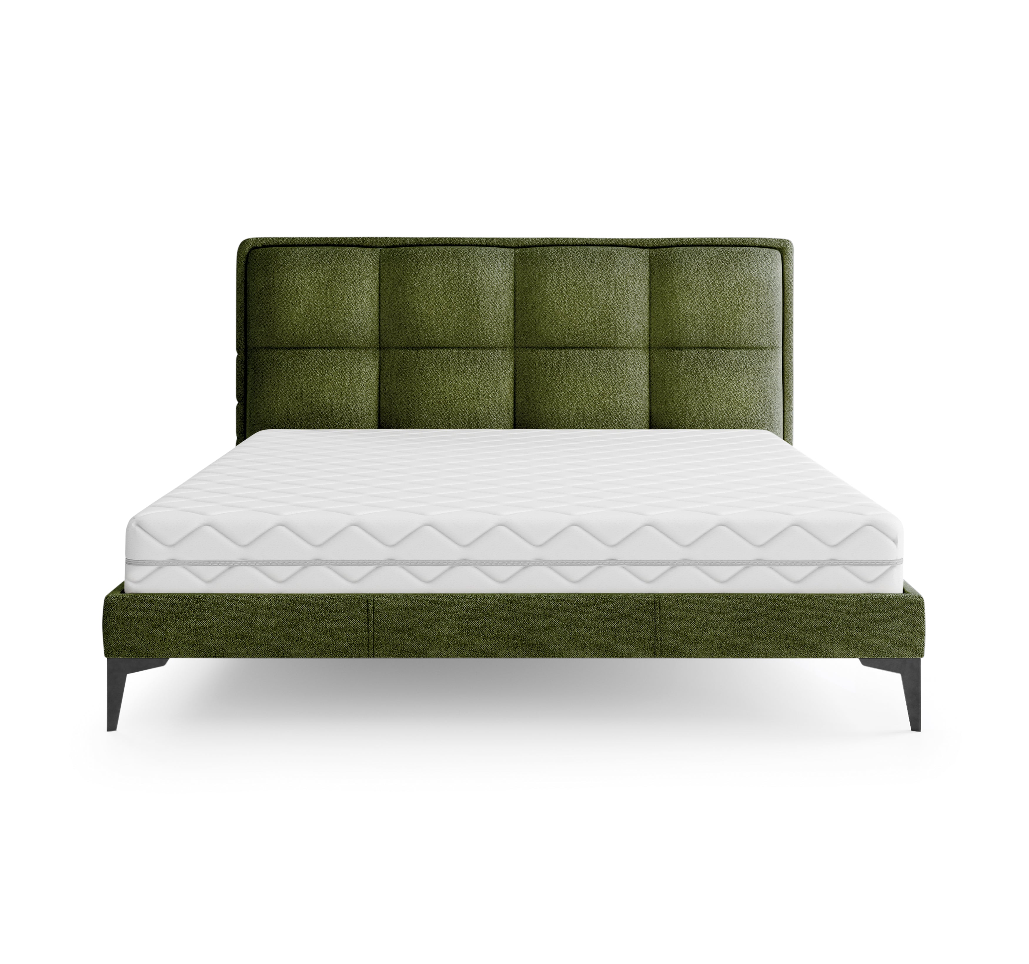 Lit Valmy 140x200 en tissu bouclette vert olive Paname Avenue, vue de face sur fond blanc