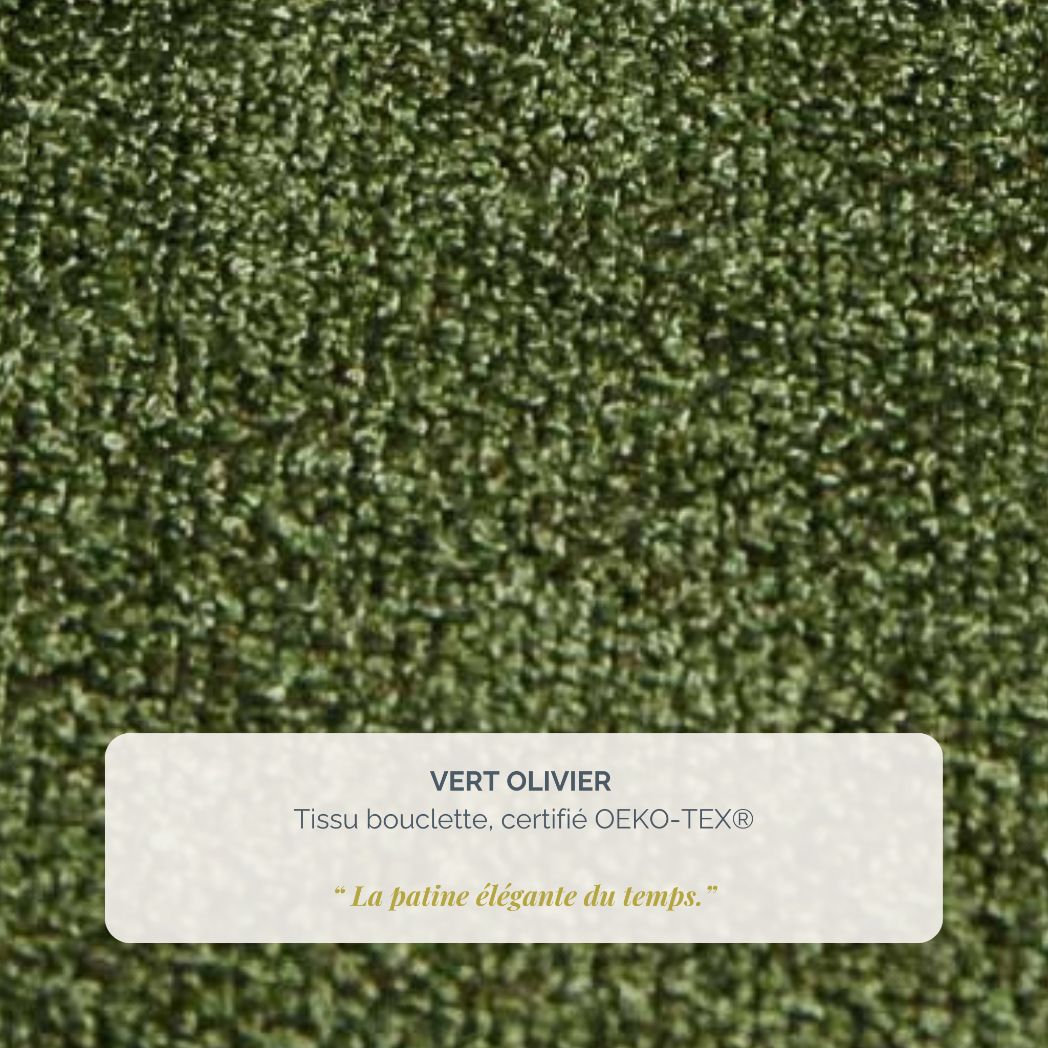 Lit Valmy 140x200 en tissu bouclette vert olive Paname Avenue, détail de la texture du revêtement