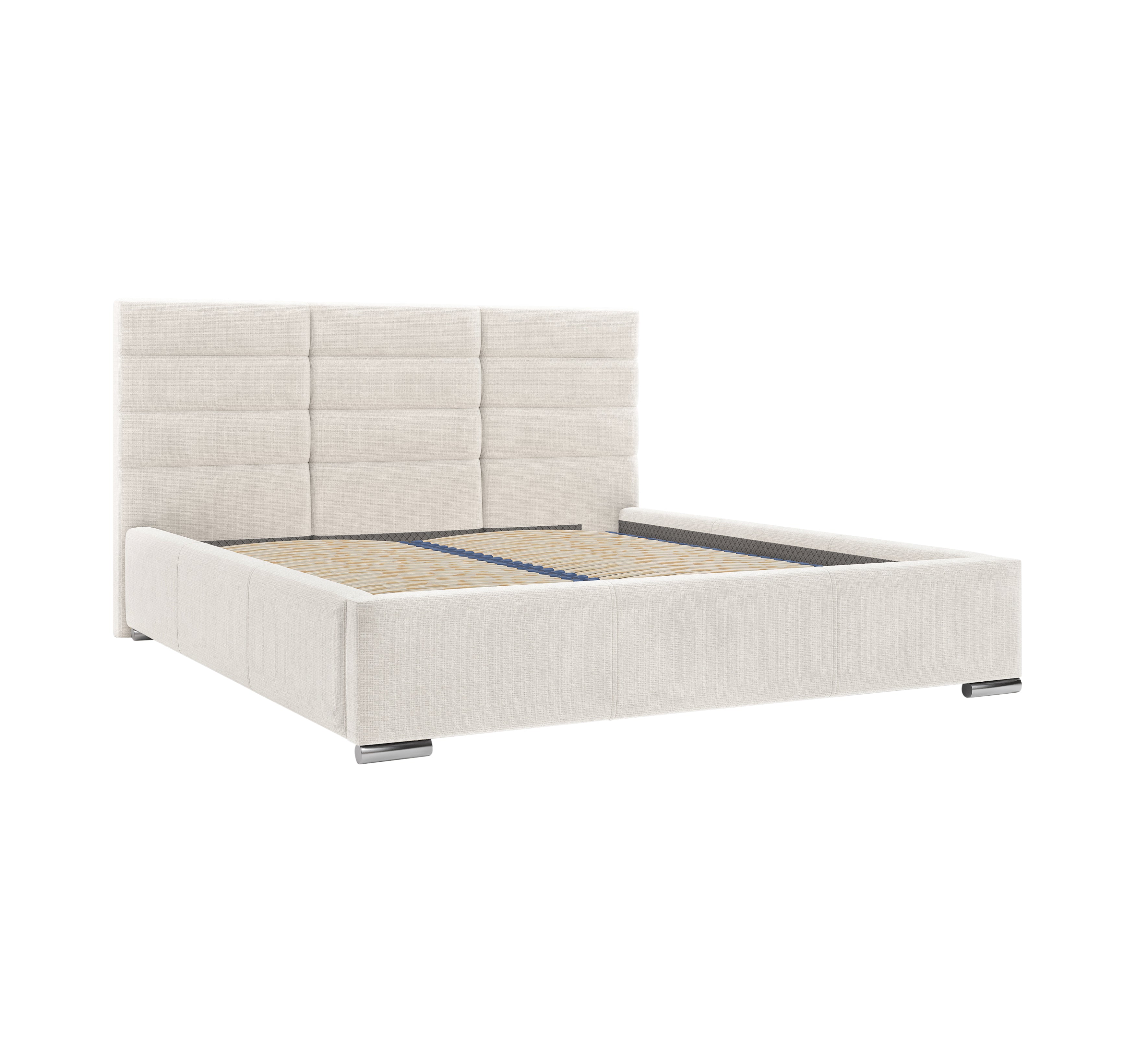 Lit Victor Massé 140x200 en tissu chenille beige Paname Avenue, vue trois-quarts sans matelas sur fond blanc