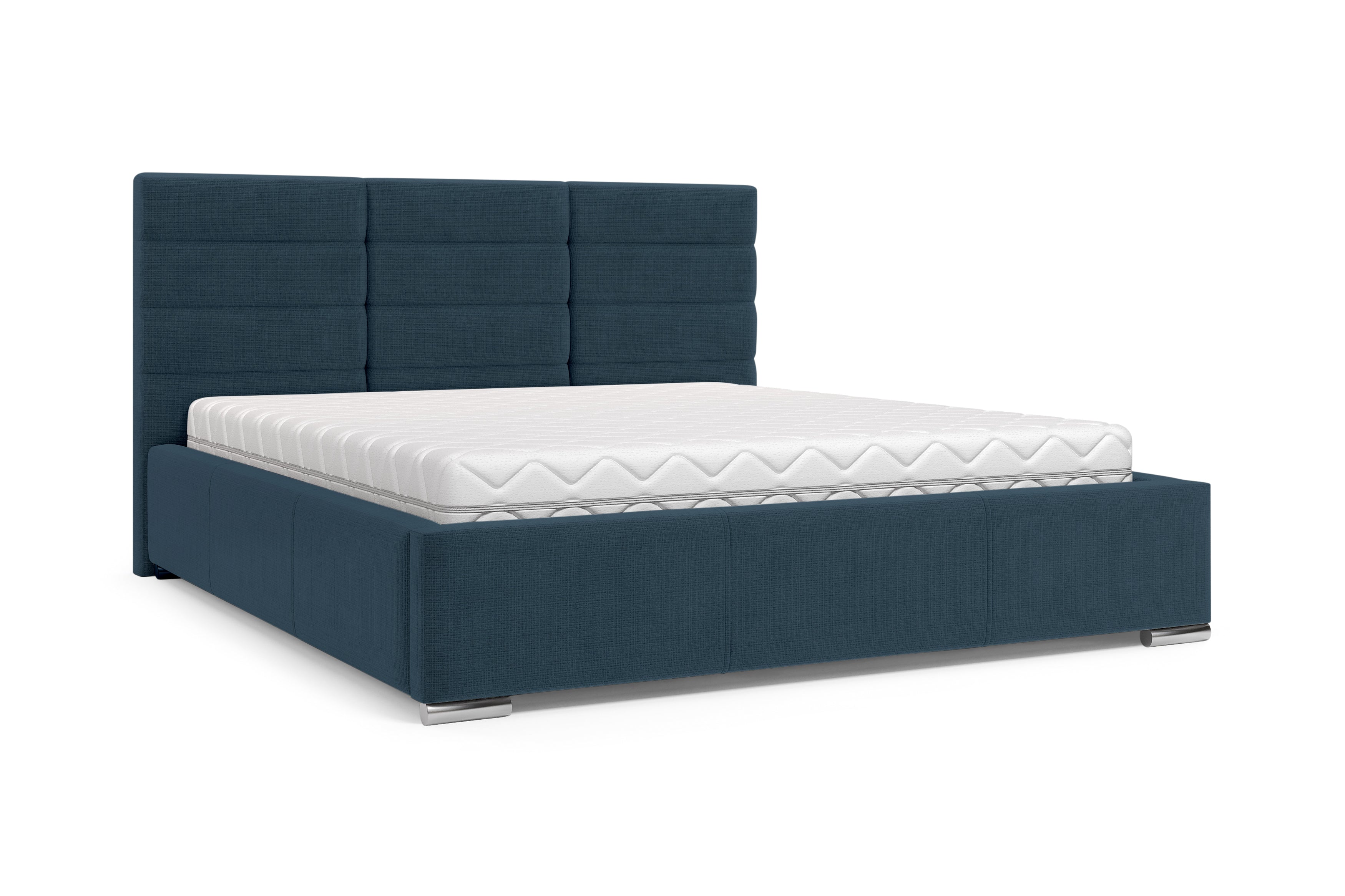 Lit Victor Massé 140x200 en tissu chenille bleu Paname Avenue, vue trois-quarts sur fond blanc