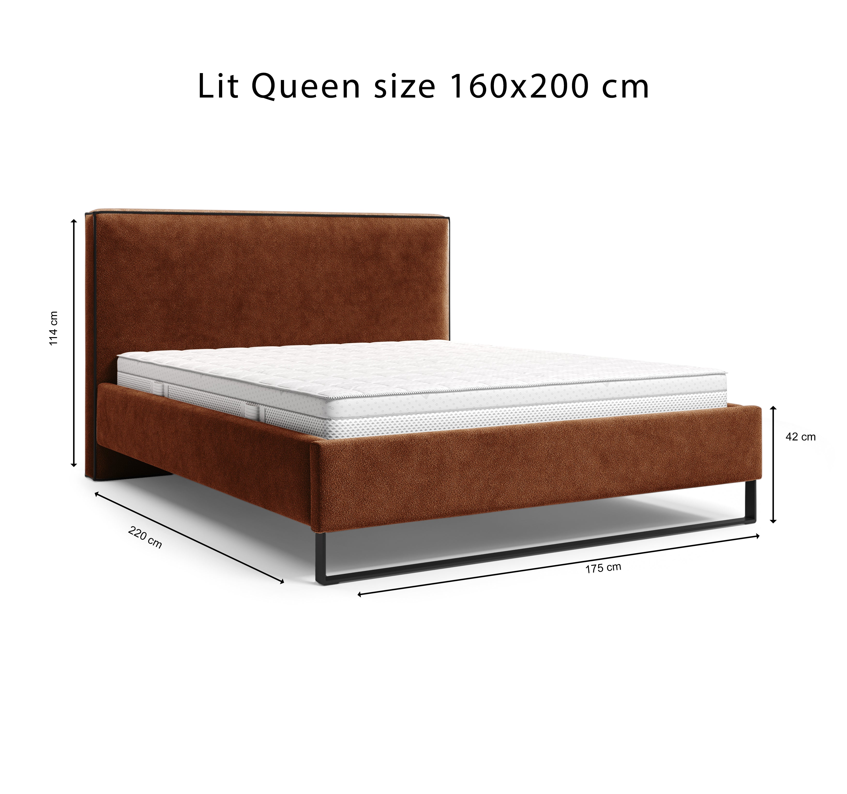 Lit Debelleyme 160x200 en tissu chenille terracotta Paname Avenue, schéma des dimensions du lit
