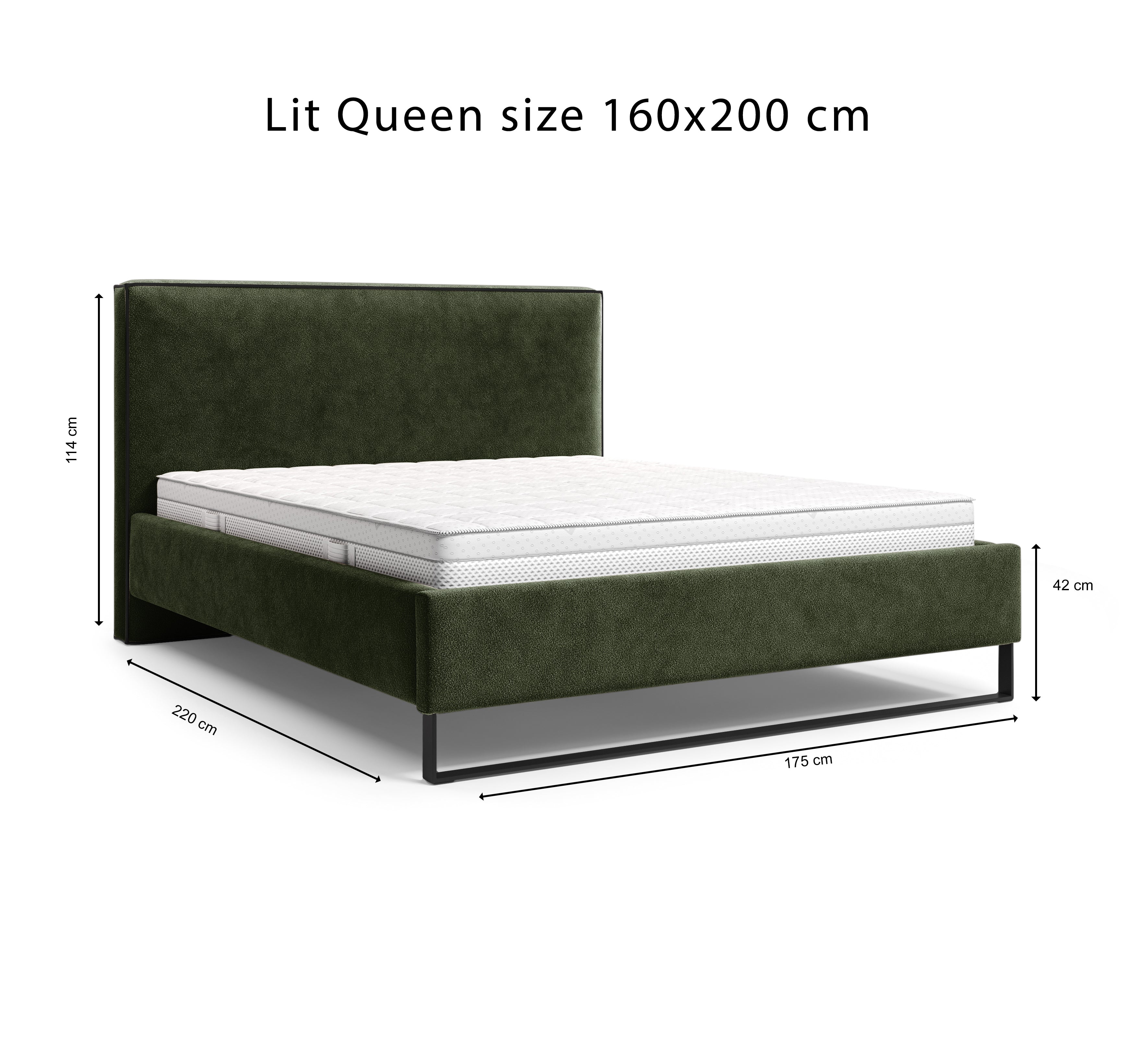 Lit Debelleyme 160x200 en tissu chenille vert Paname Avenue, schéma des dimensions du lit