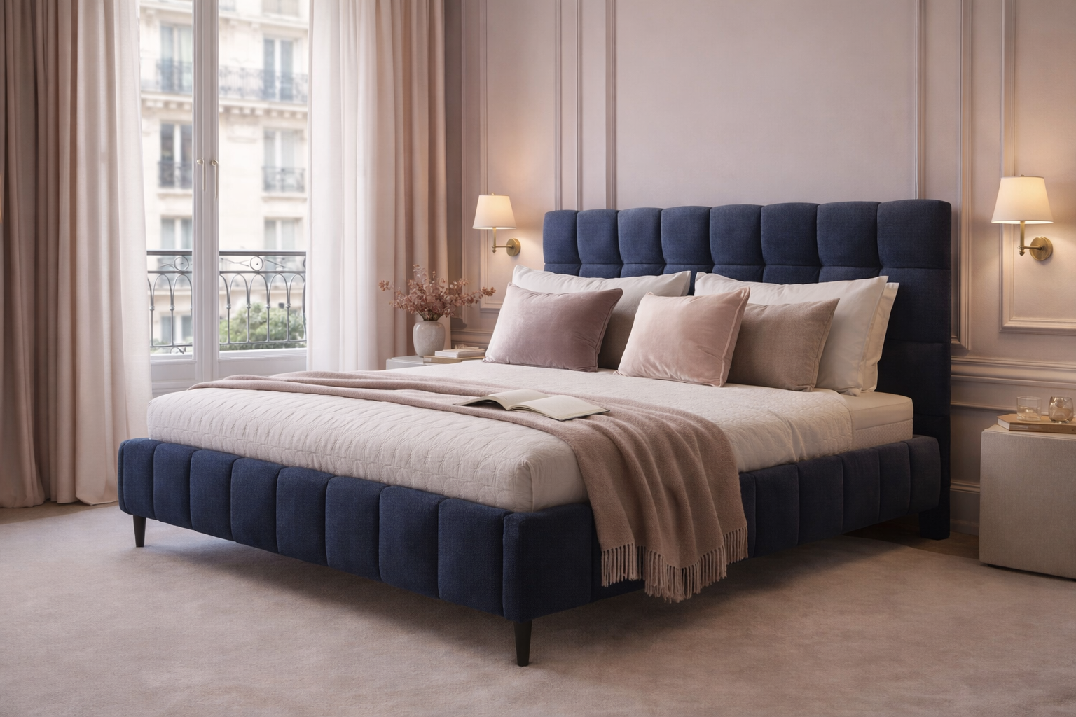 Lit 160x200 Jacob en tissu chenille bleu dans une chambre d’appartement parisien avec décoration intérieure élégante