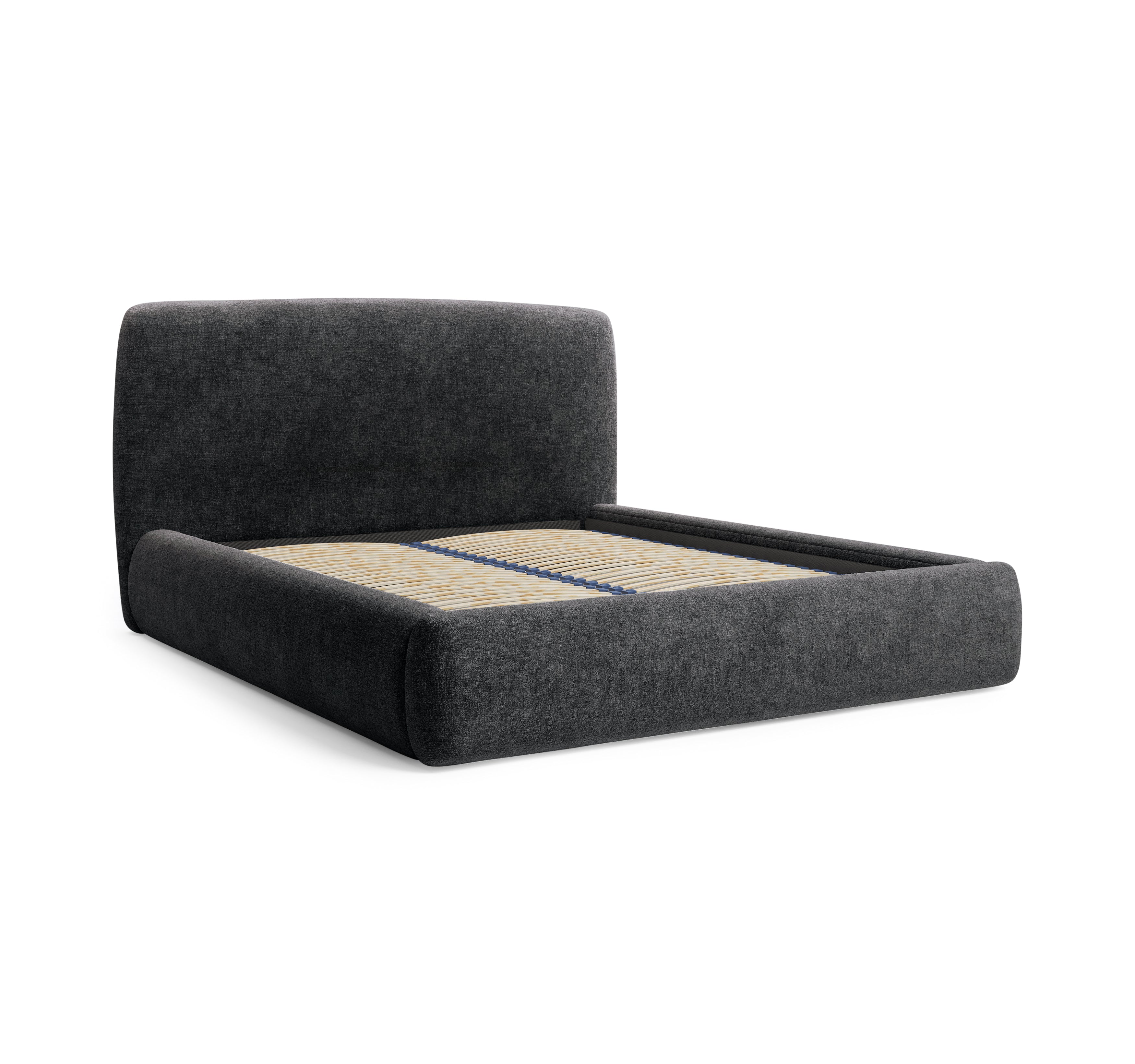 Lit Jeûneurs 160x200 en tissu chenille anthracite Paname Avenue, vue trois-quarts sans matelas sur fond blanc