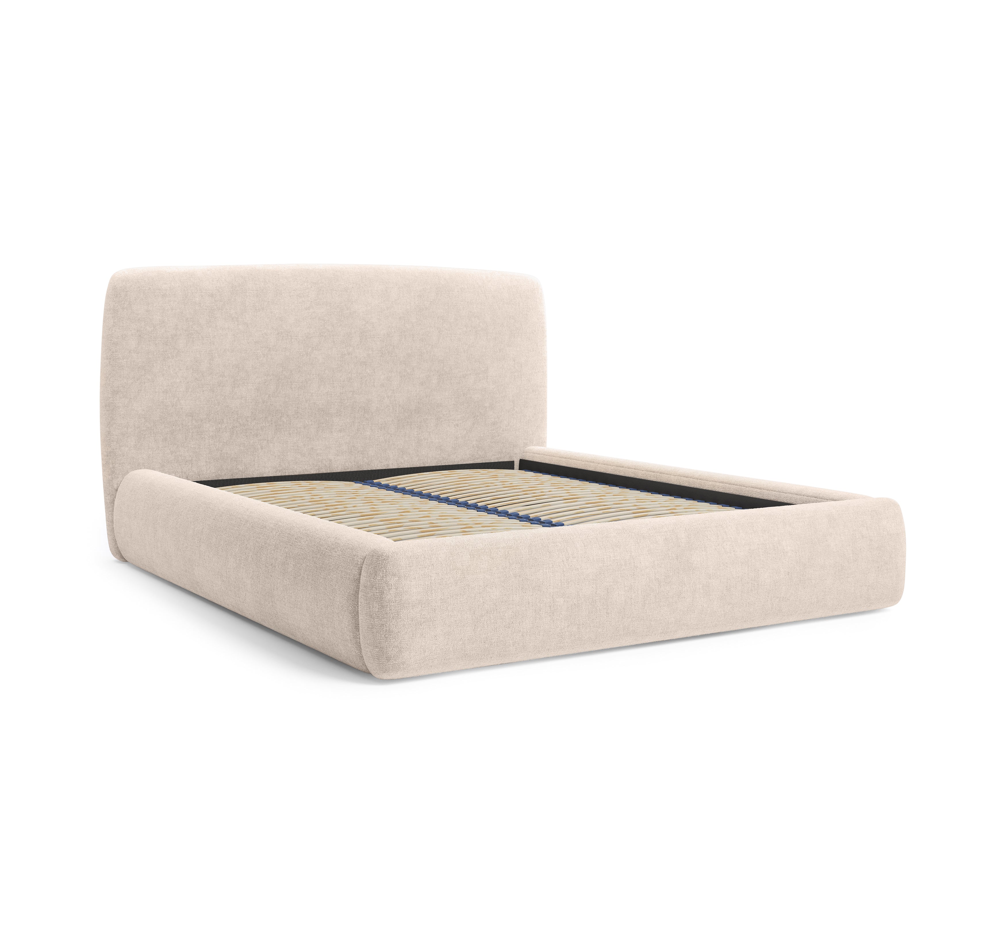 Lit Jeûneurs 160x200 en tissu chenille beige  Paname Avenue, vue trois-quarts sans matelas sur fond blanc