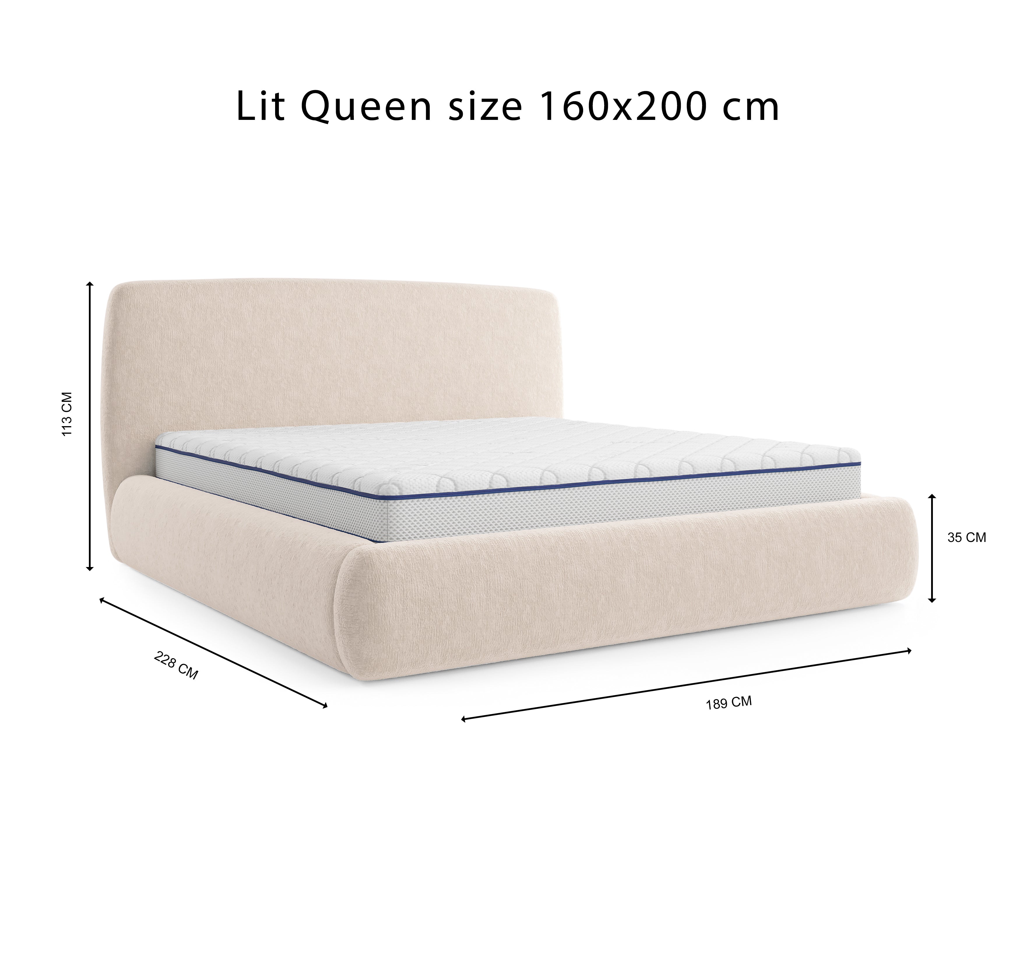 Lit Jeûneurs 160x200 en tissu chenille beige  Paname Avenue, schéma des dimensions du lit