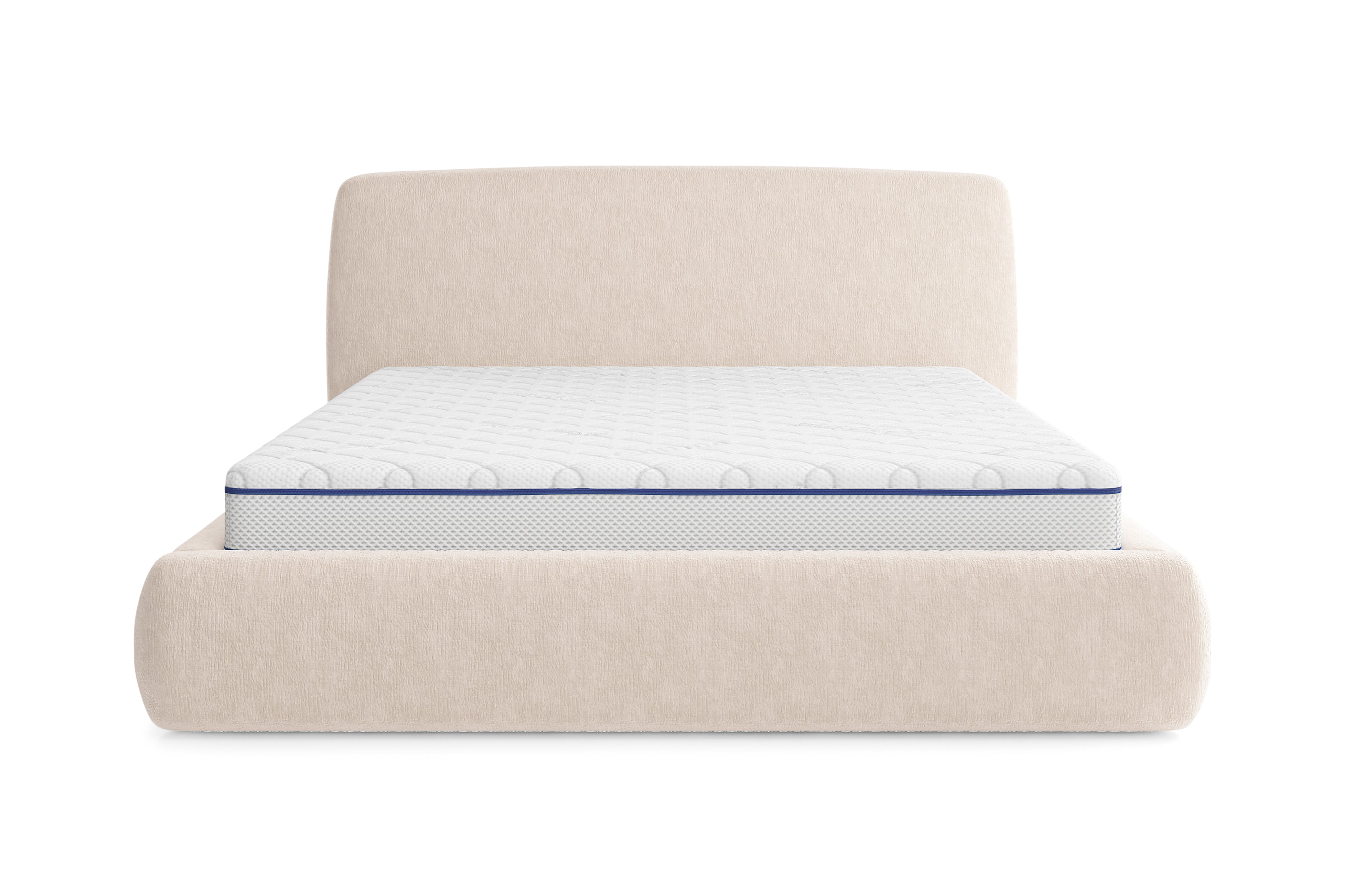 Lit Jeûneurs 160x200 en tissu chenille beige Paname Avenue, vue de face sur fond blanc