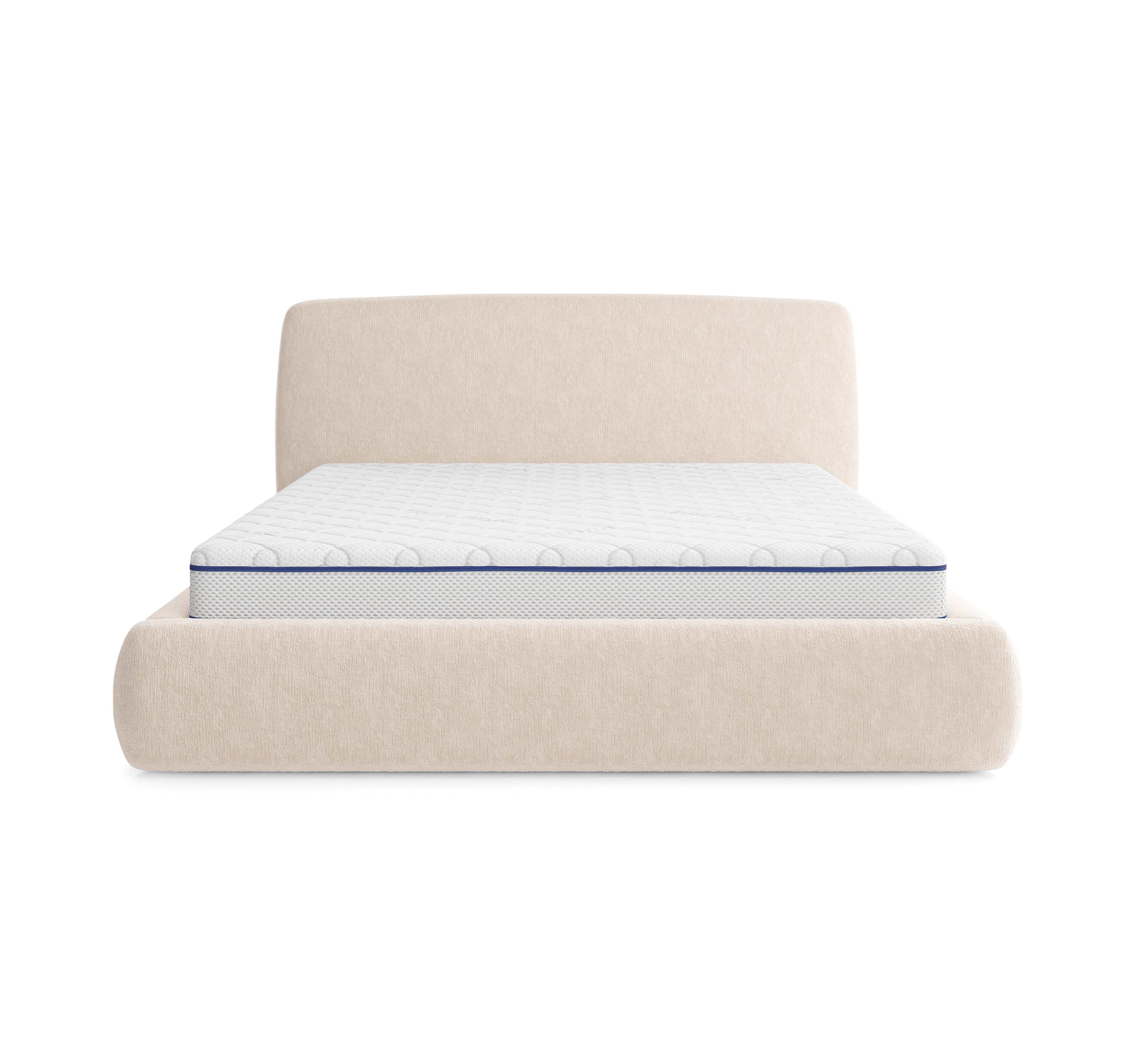 Lit Jeûneurs 160x200 en tissu chenille beige Paname Avenue, vue de face sur fond blanc