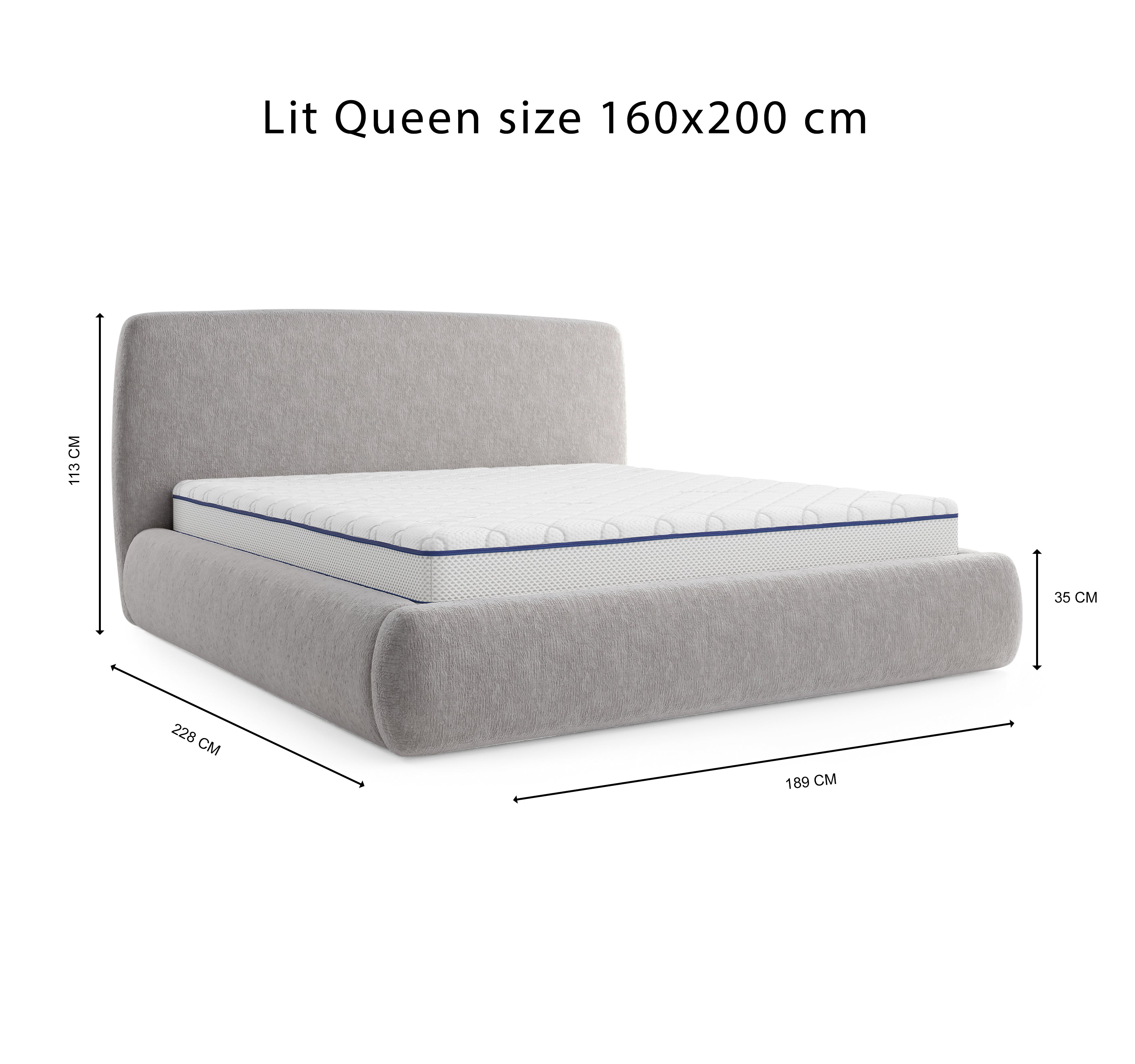 Lit Jeûneurs 160x200 en tissu chenille gris clair Paname Avenue, schéma des dimensions du lit