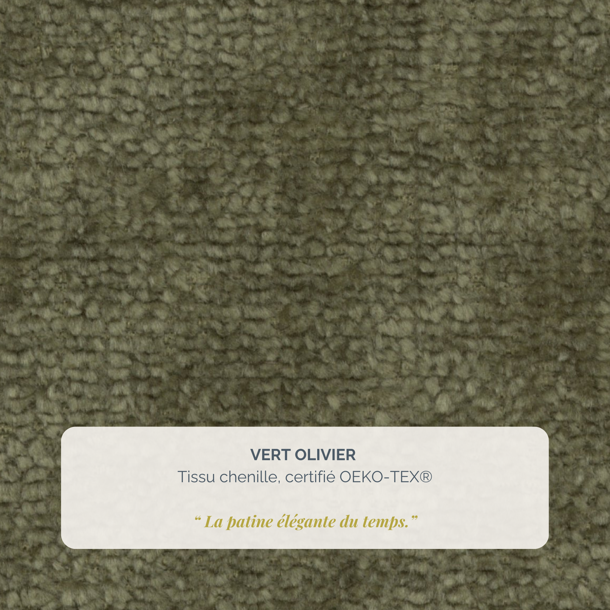 Lit Jeûneurs 160x200 en tissu chenille vert olive Paname Avenue, détail de la texture du revêtement