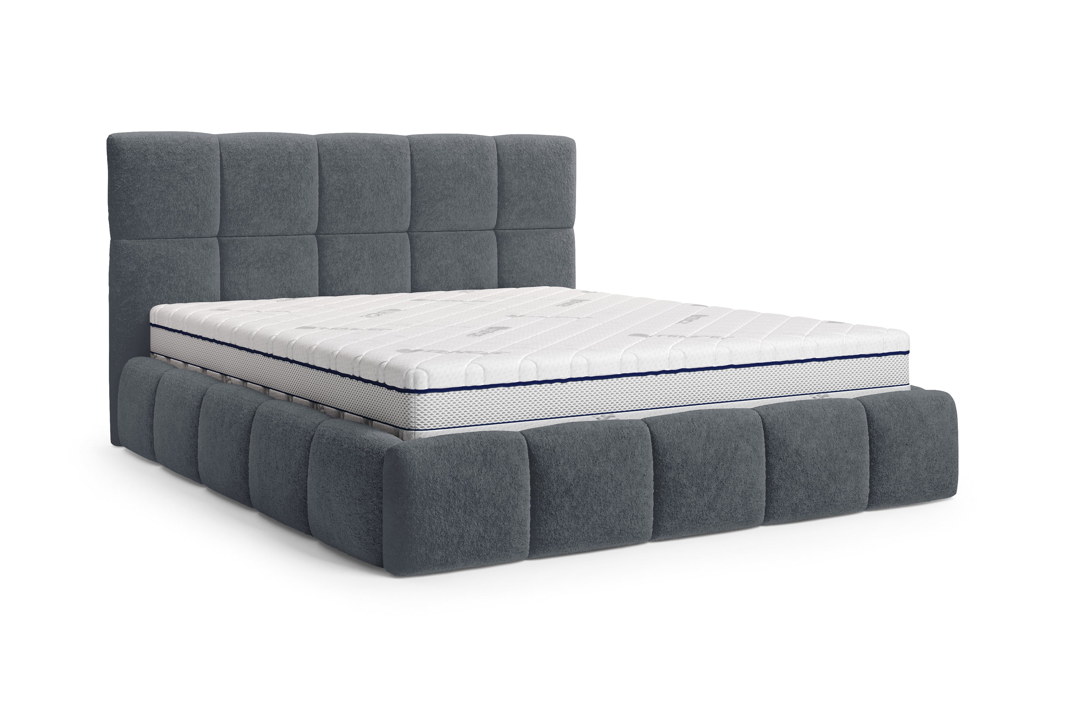 Lit Ravignan 160x200 en tissu peluche poil court anthracite Paname Avenue, vue trois-quarts sur fond blanc
