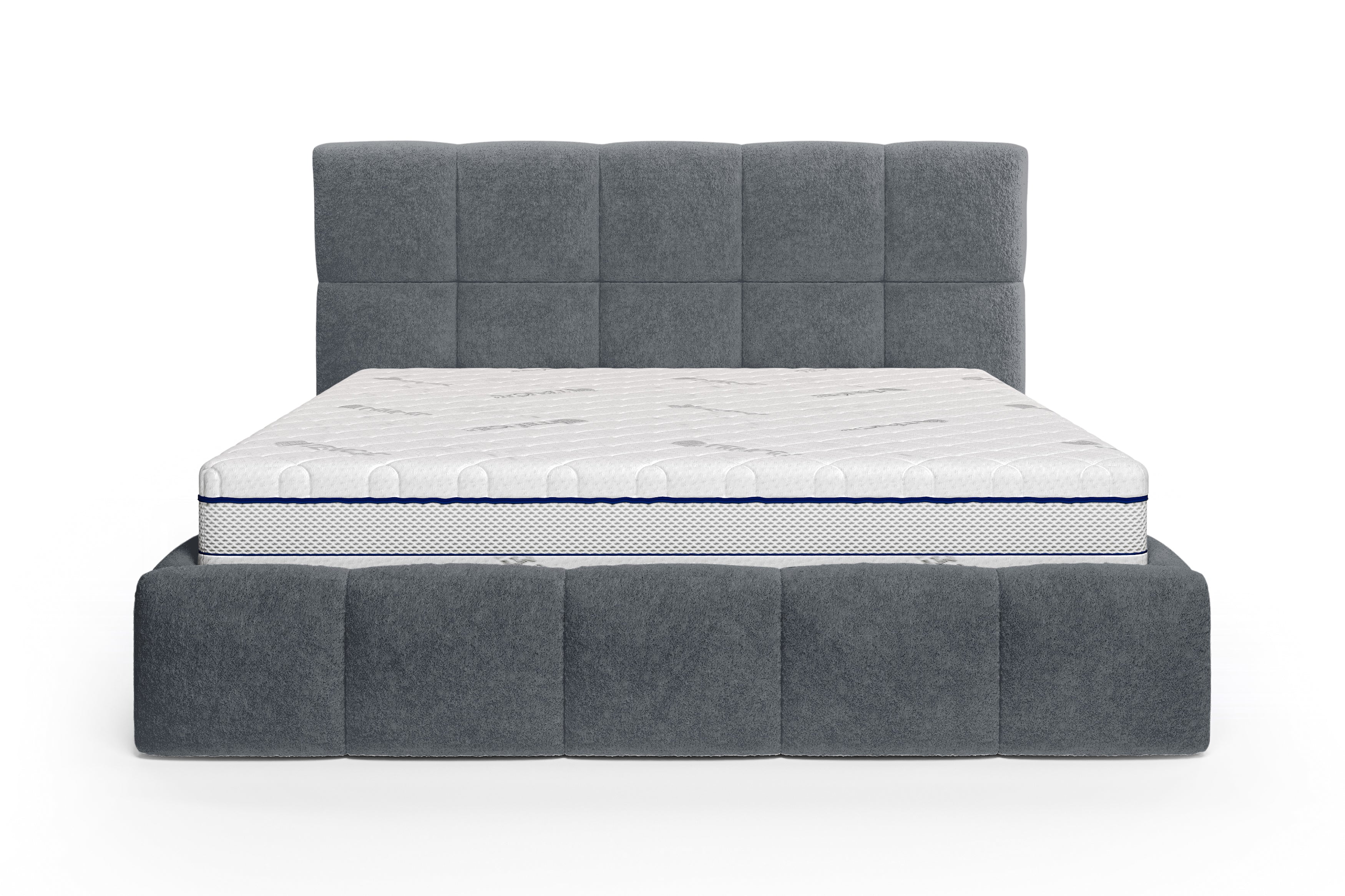 Lit Ravignan 160x200 en tissu peluche poil court anthracite Paname Avenue, vue de face sur fond blanc