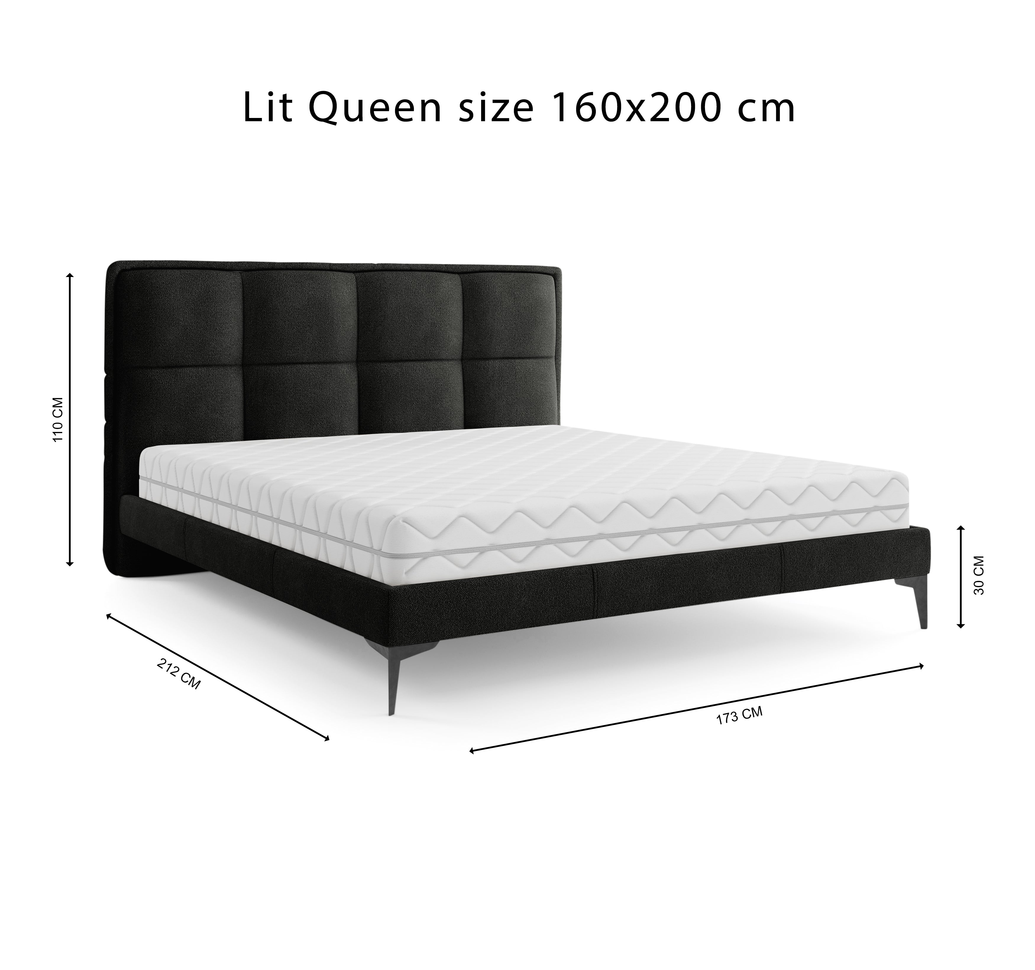 Lit Valmy 160x200 en tissu bouclette anthracite Paname Avenue, schéma des dimensions du lit