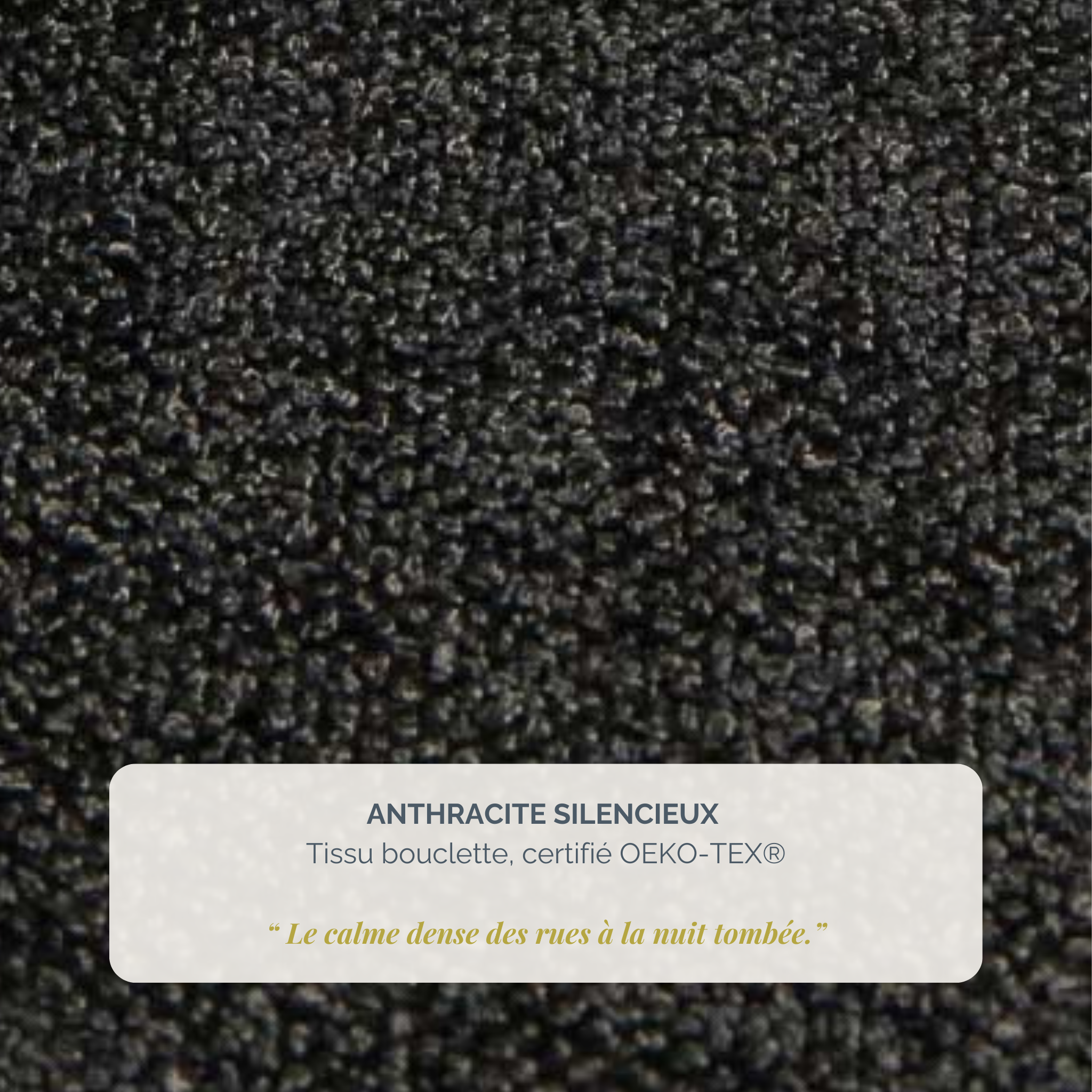 Lit Valmy 160x200 en tissu bouclette anthracite Paname Avenue, détail de la texture du revêtement