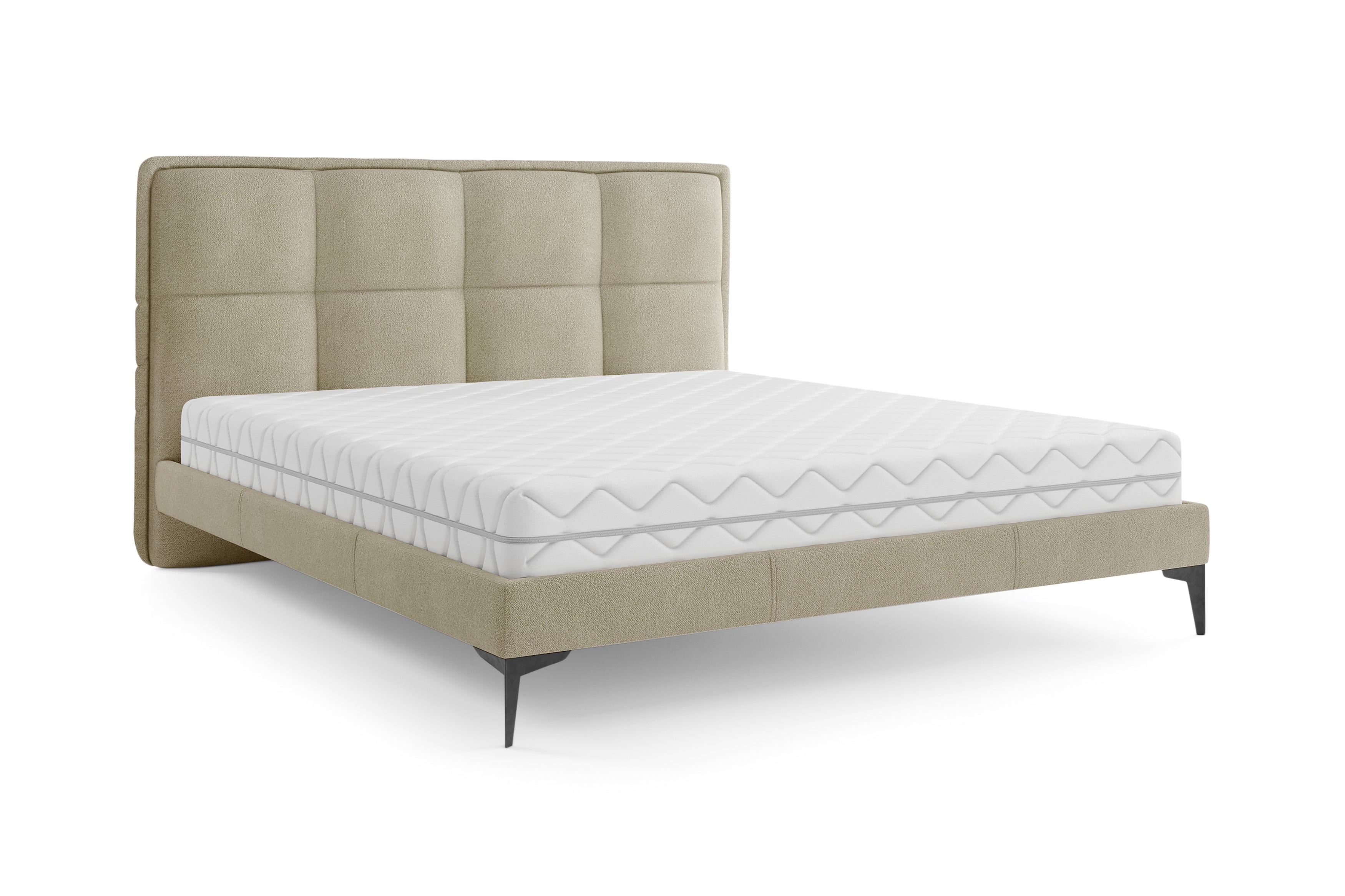 Lit Valmy 160x200 en tissu bouclette beige Paname Avenue, vue trois-quarts sur fond blanc