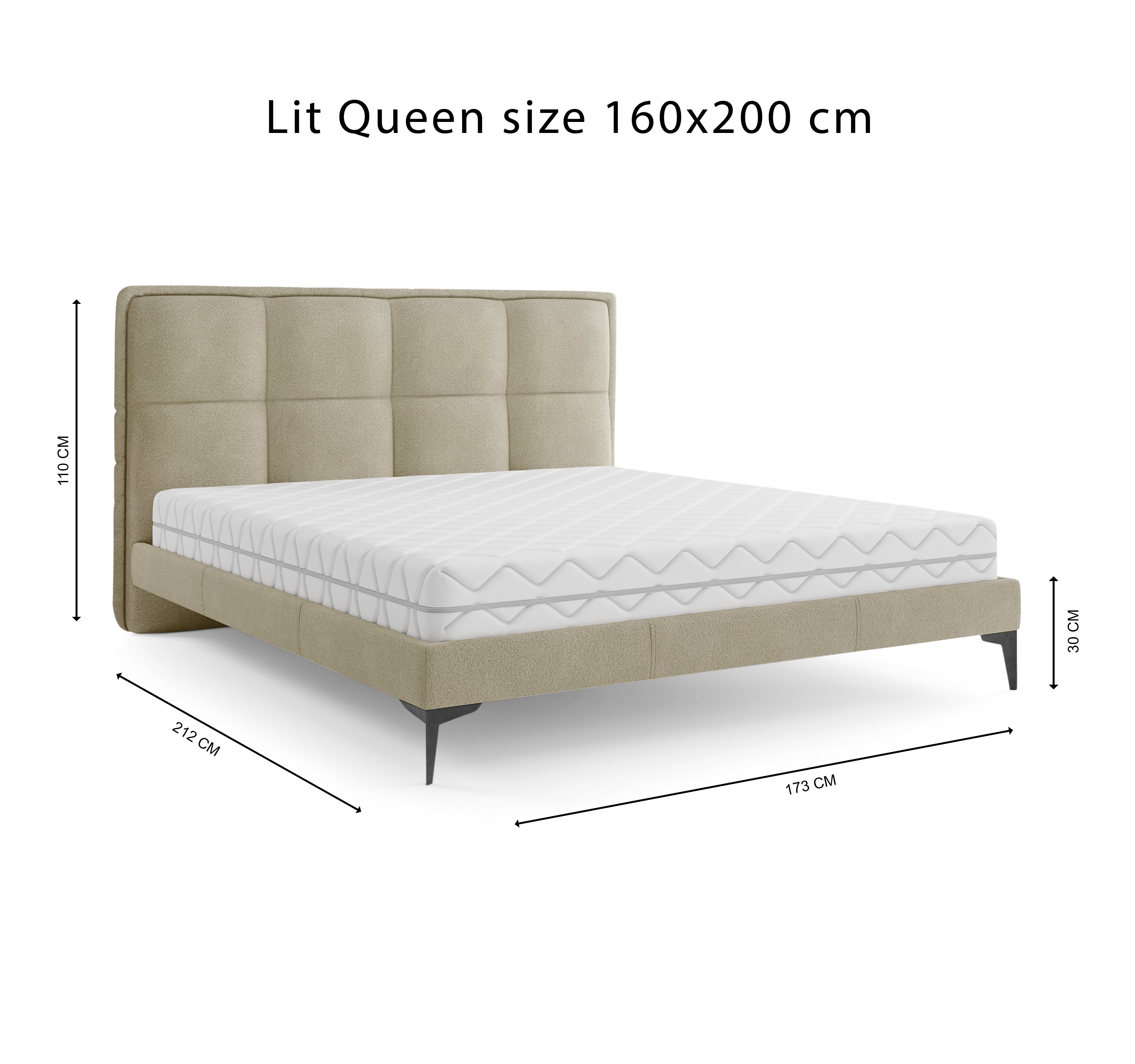 Lit Valmy 160x200 en tissu bouclette beige Paname Avenue, schéma des dimensions du lit