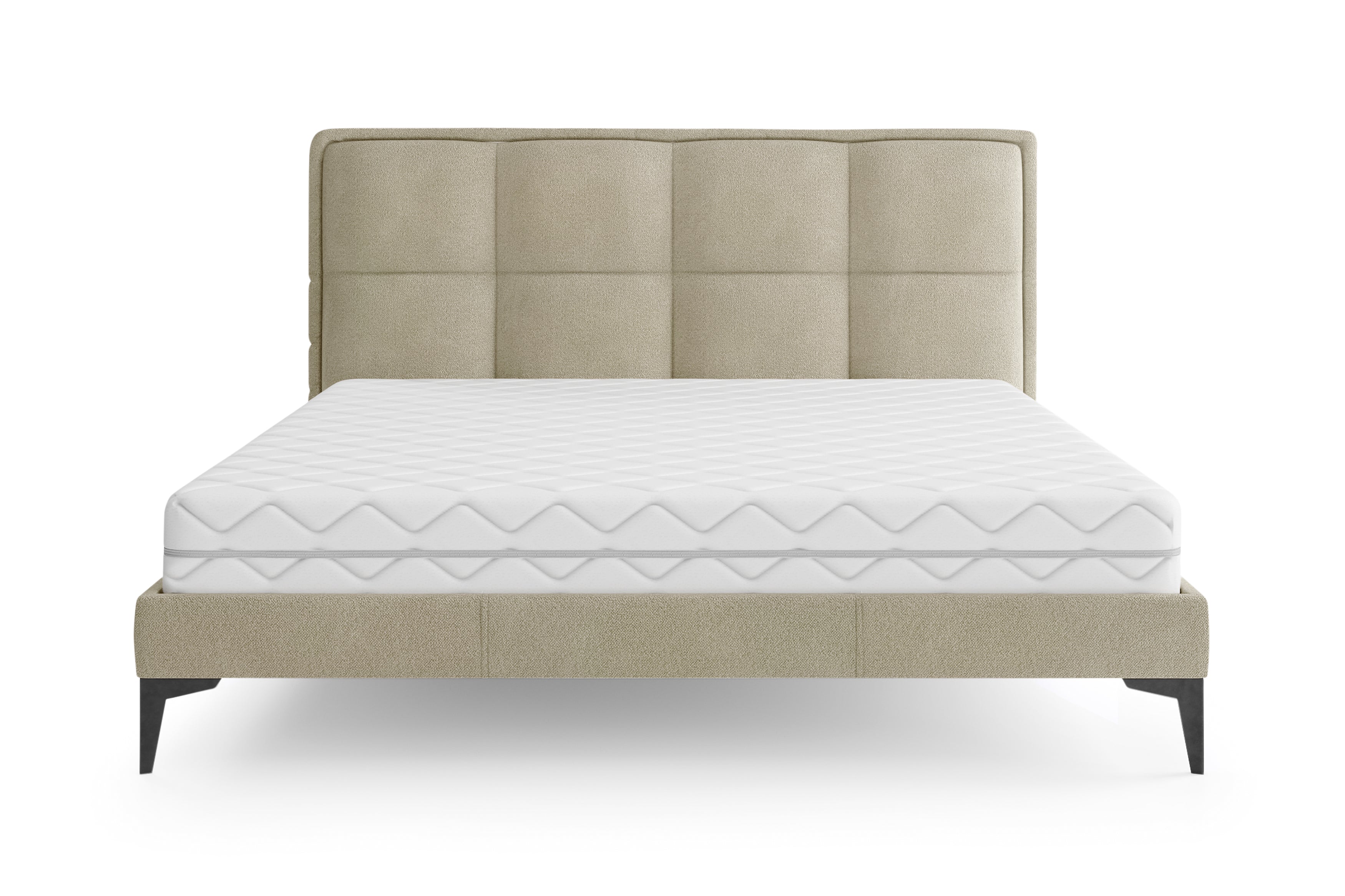 Lit Valmy 160x200 en tissu bouclette beige Paname Avenue, vue de face sur fond blanc