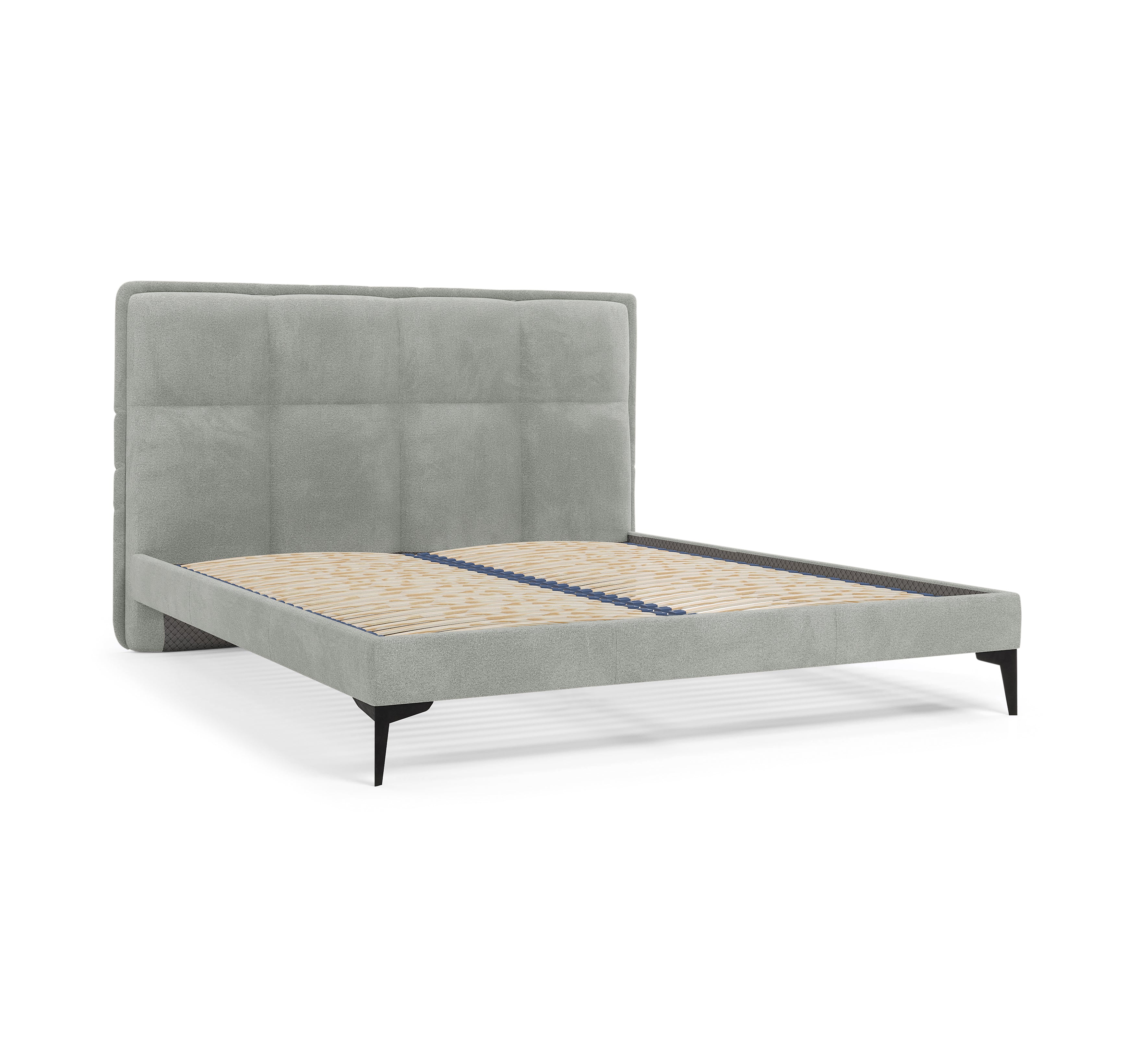 Lit Valmy 160x200 en tissu bouclette gris Paname Avenue, vue trois-quarts sans matelas sur fond blanc