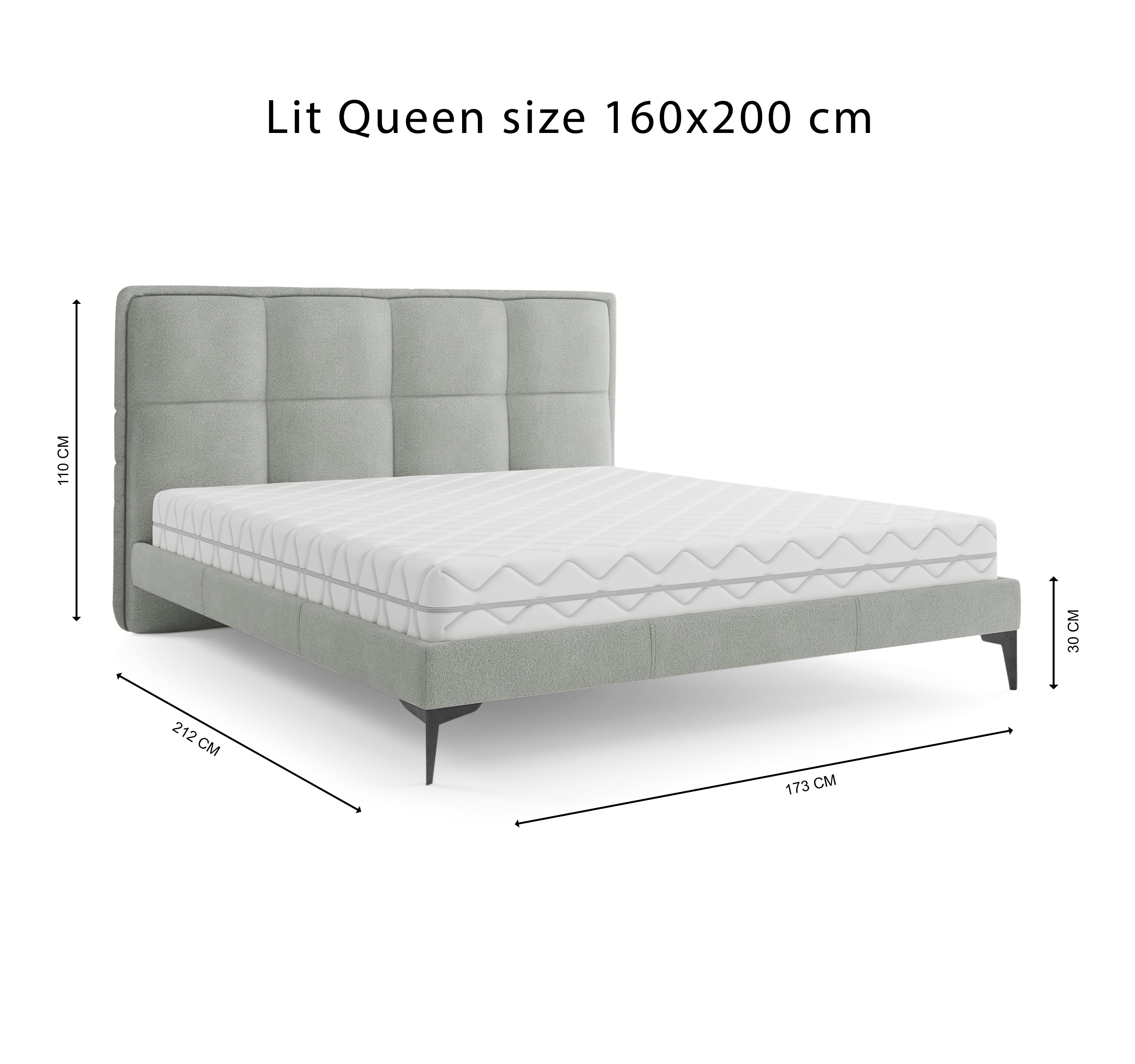 Lit Valmy 160x200 en tissu bouclette gris Paname Avenue, schéma des dimensions du lit