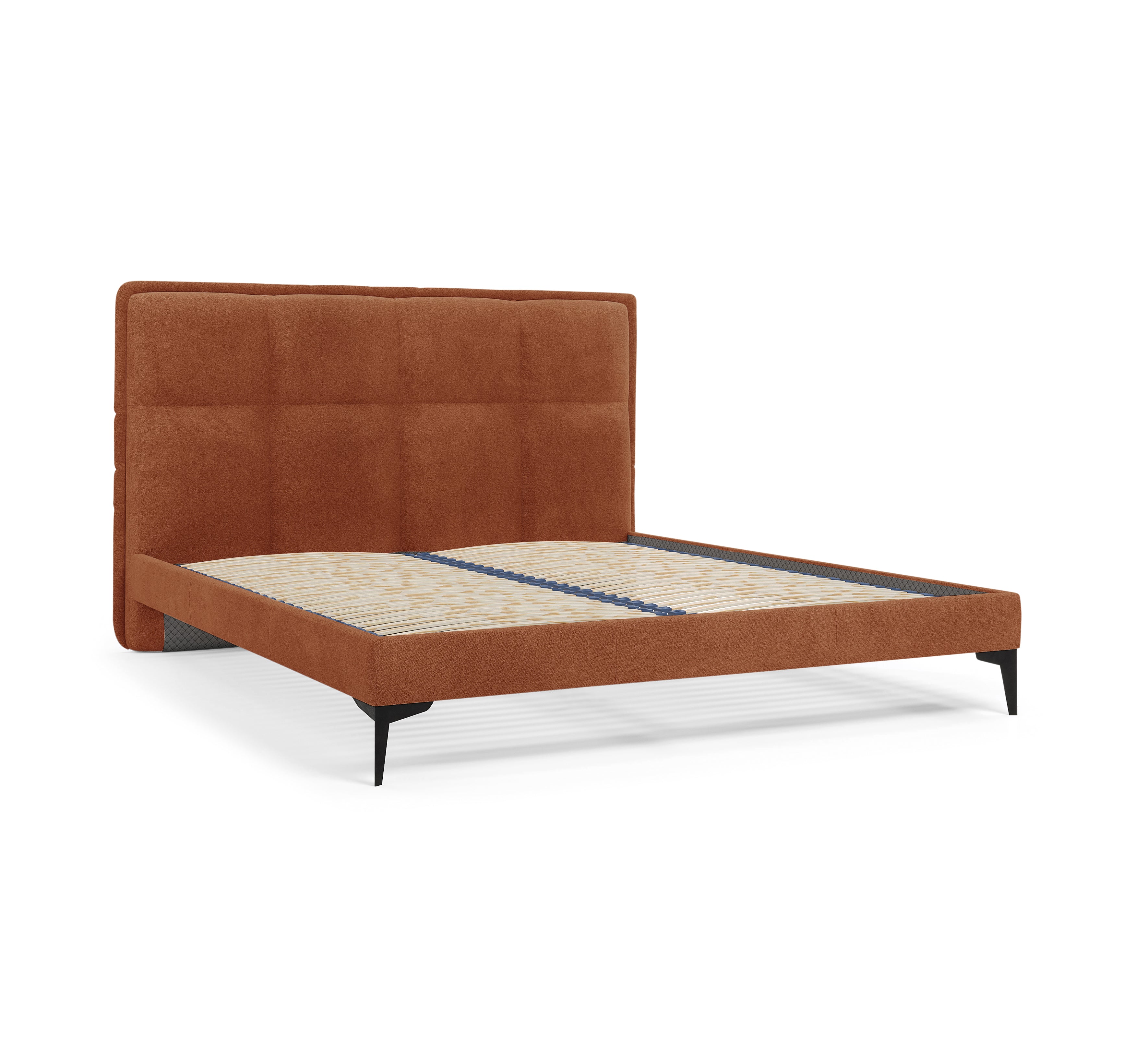 Lit Valmy 160x200 en tissu bouclette terracotta Paname Avenue, vue trois-quarts sans matelas sur fond blanc