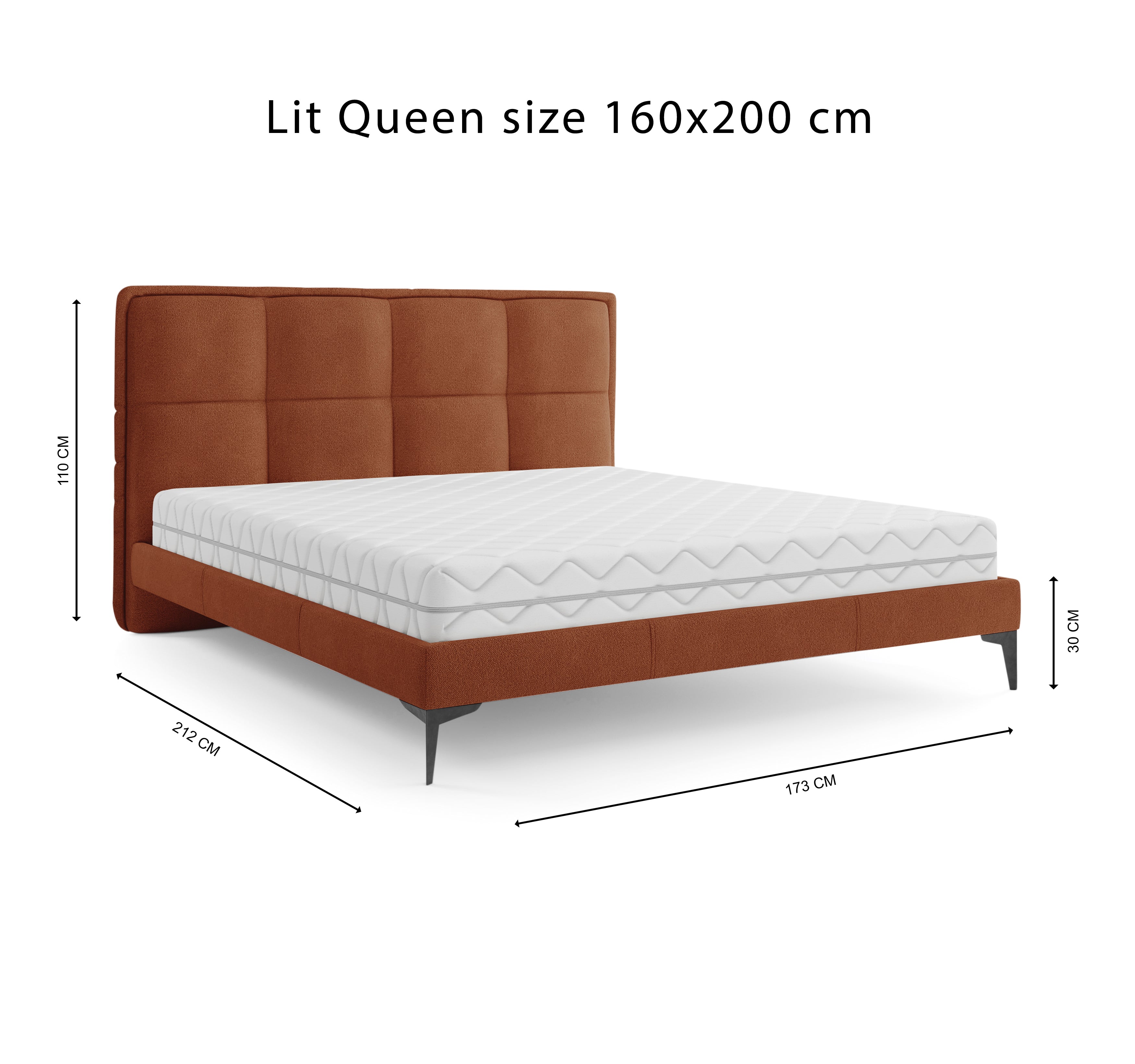 Lit Valmy 160x200 en tissu bouclette terracotta Paname Avenue, schéma des dimensions du lit