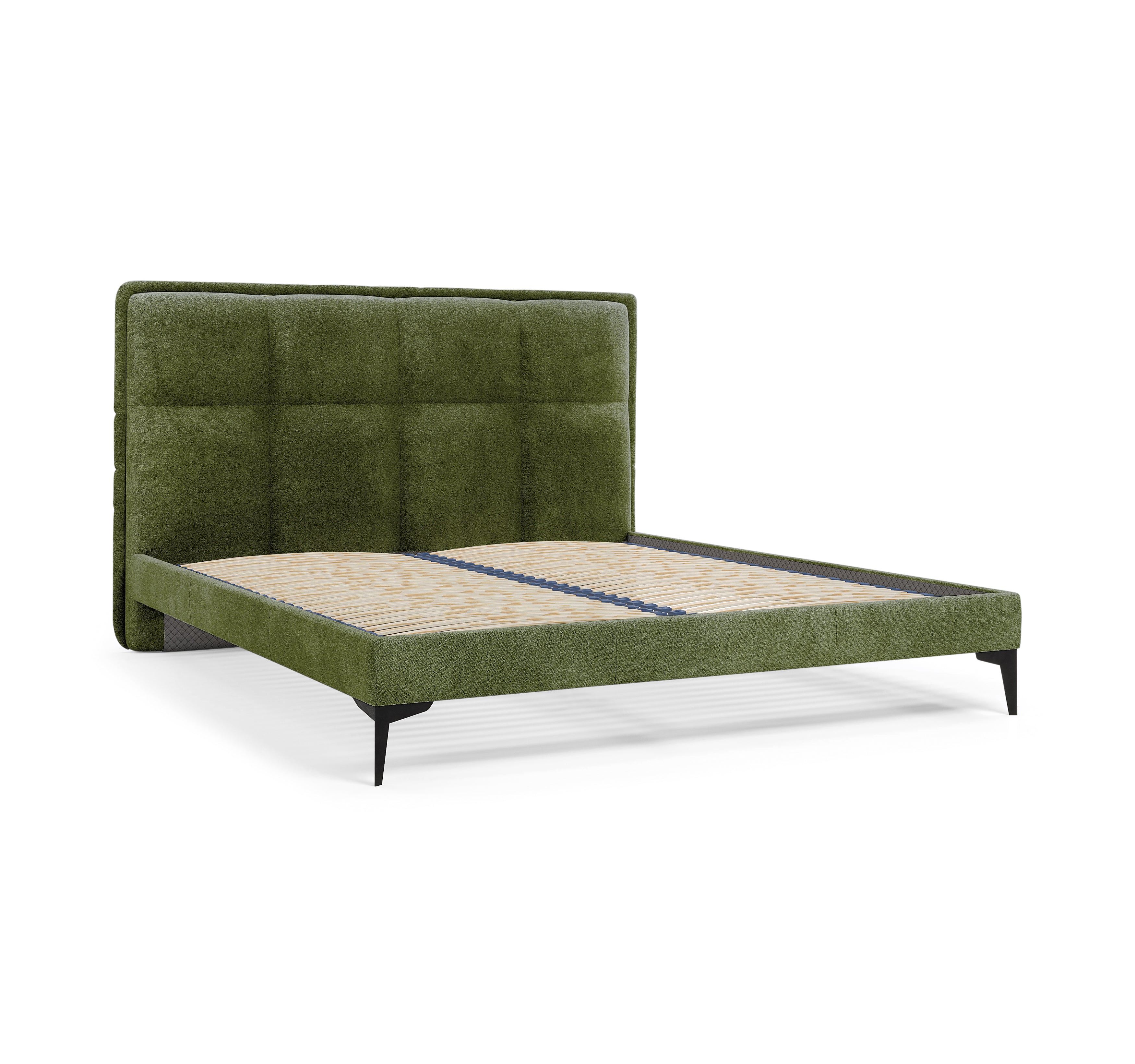 Lit Valmy 160x200 en tissu bouclette vert olive  Paname Avenue, vue trois-quarts sans matelas sur fond blanc