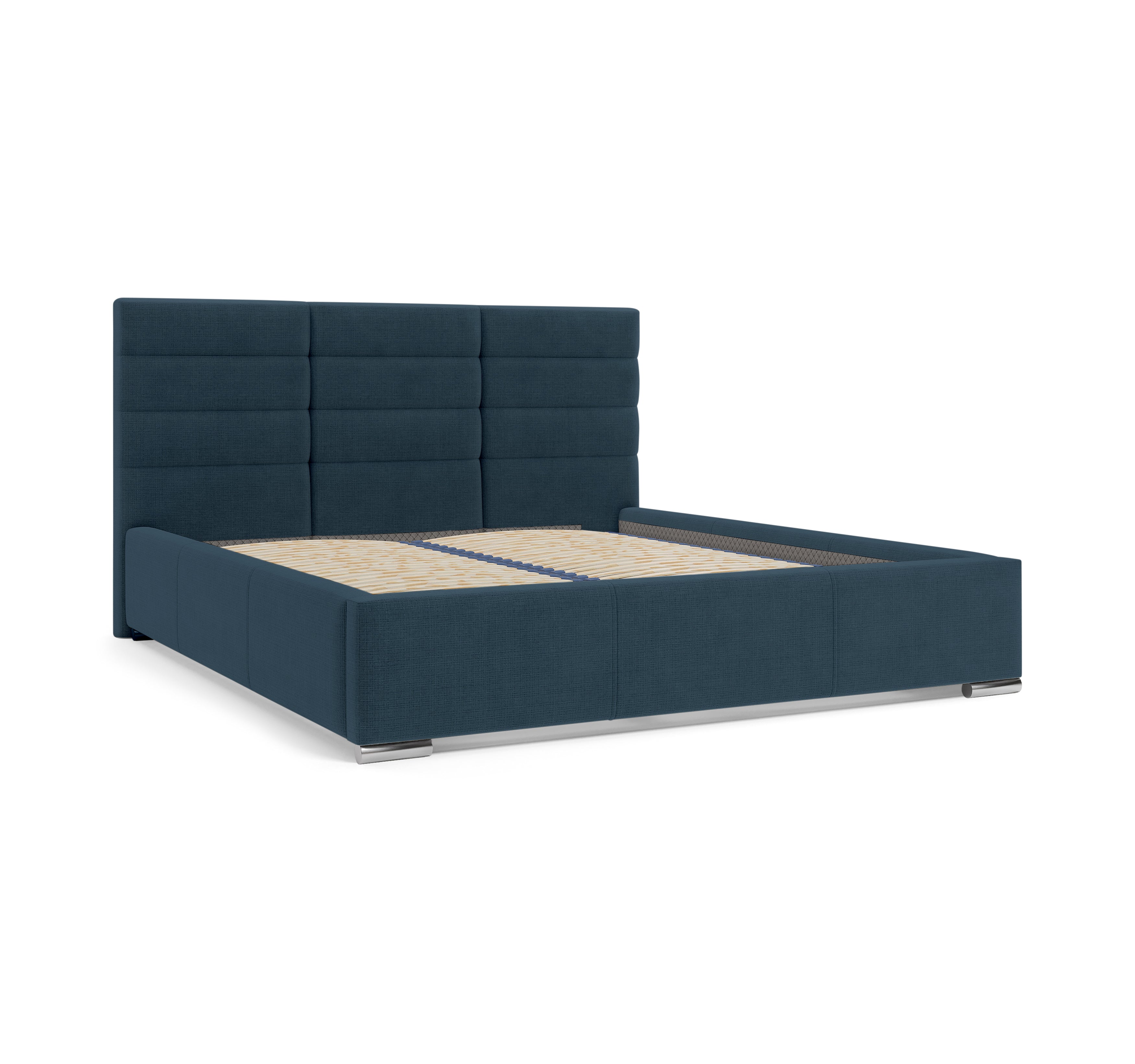 Lit Victor Massé 160x200 en tissu chenille bleu Paname Avenue, vue trois-quarts sans matelas sur fond blanc