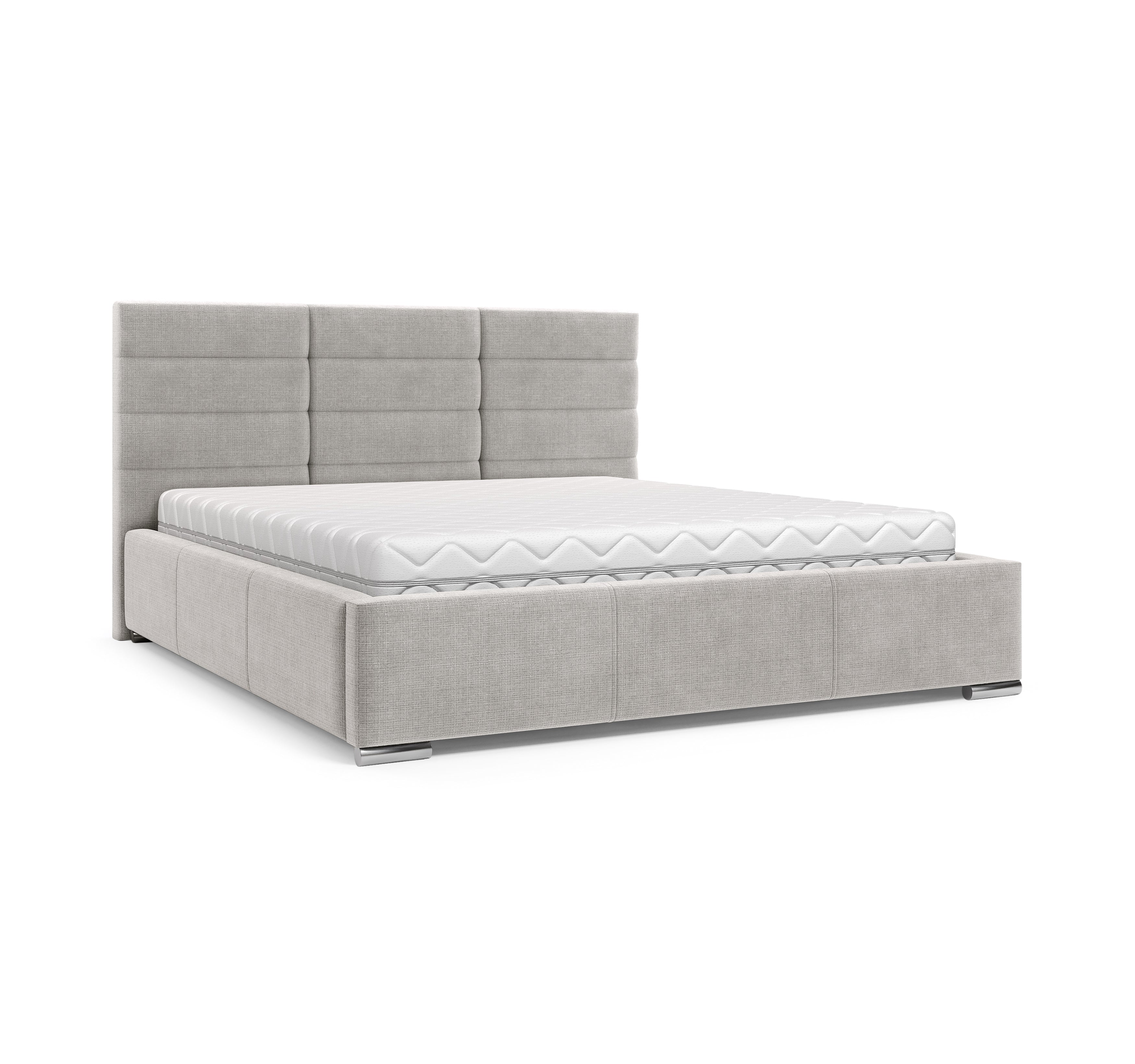 Lit Victor Massé 160x200 en tissu chenille gris clair Paname Avenue, vue trois-quarts sur fond blanc
