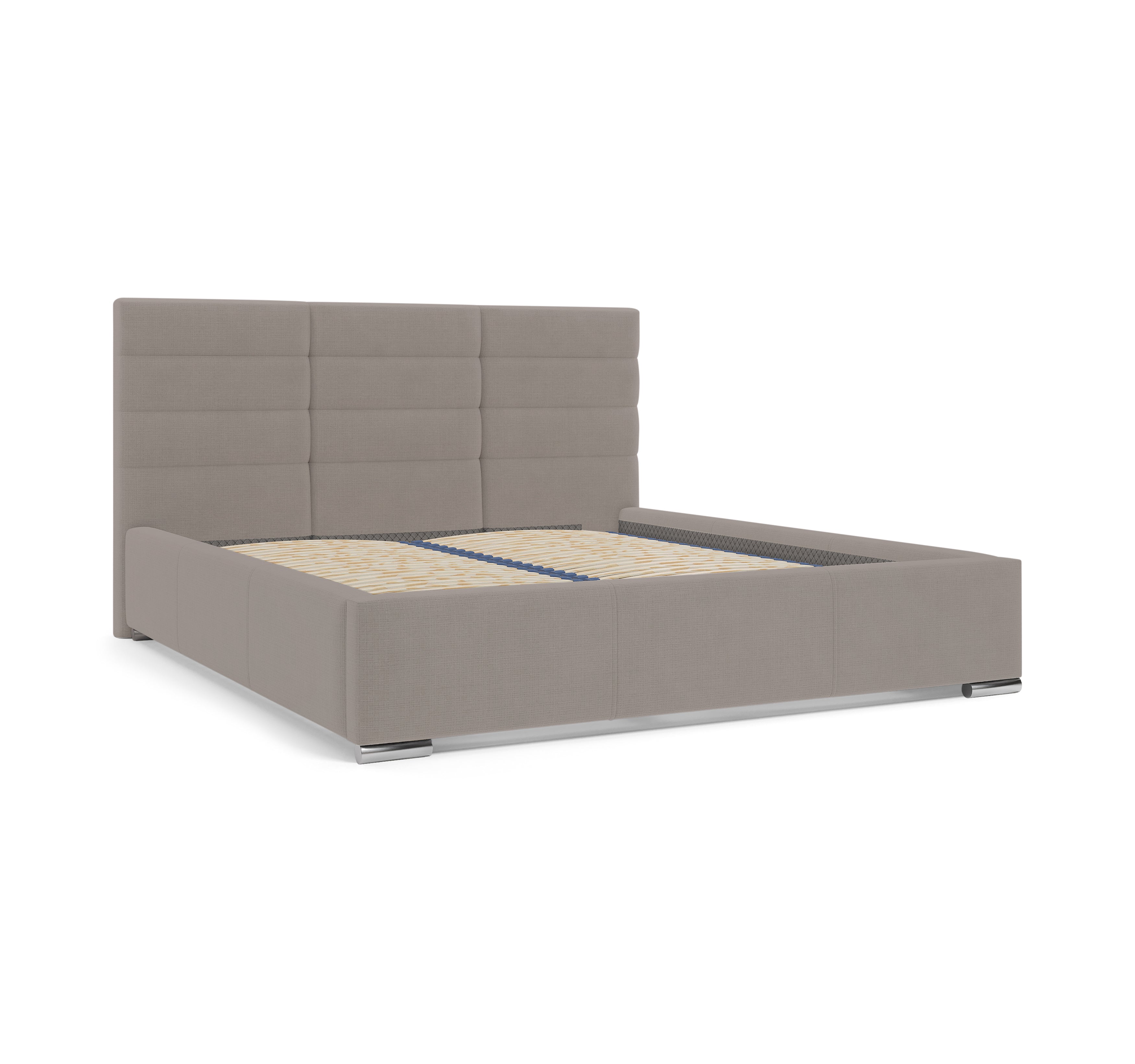 Lit Victor Massé 160x200 en tissu chenille taupe Paname Avenue, vue trois-quarts sans matelas sur fond blanc