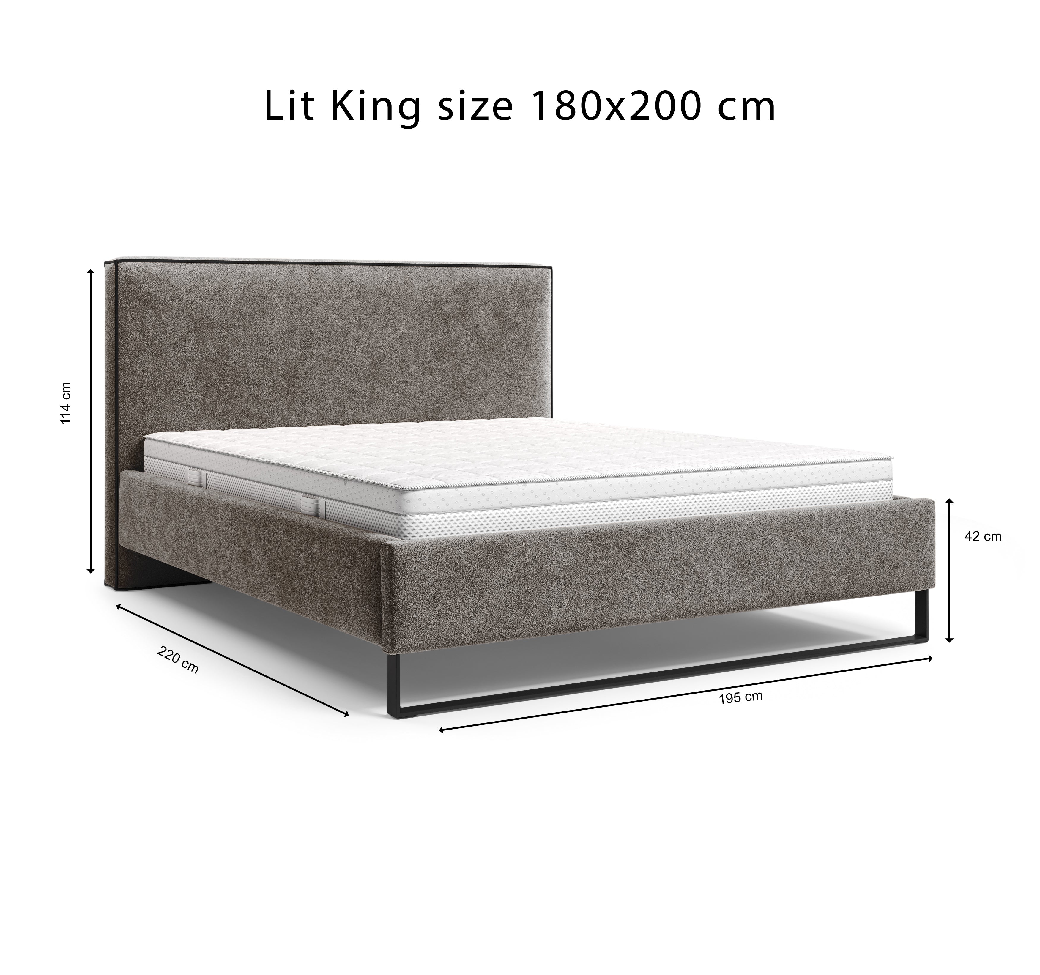 Lit Debelleyme 180x200 en tissu chenille taupe Paname Avenue, schéma des dimensions du lit