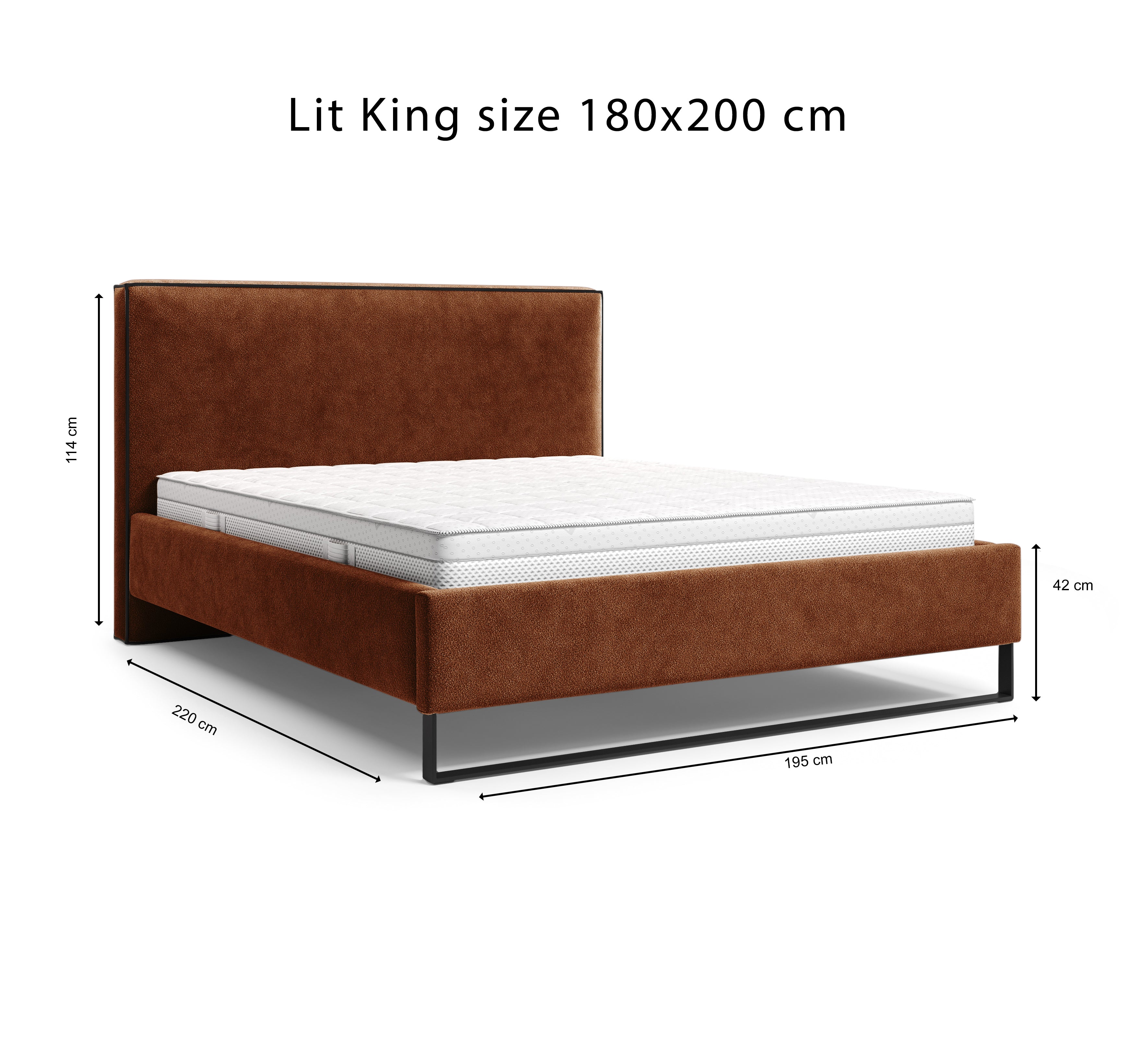 Lit Debelleyme 180x200 en tissu chenille terracotta Paname Avenue, schéma des dimensions du lit