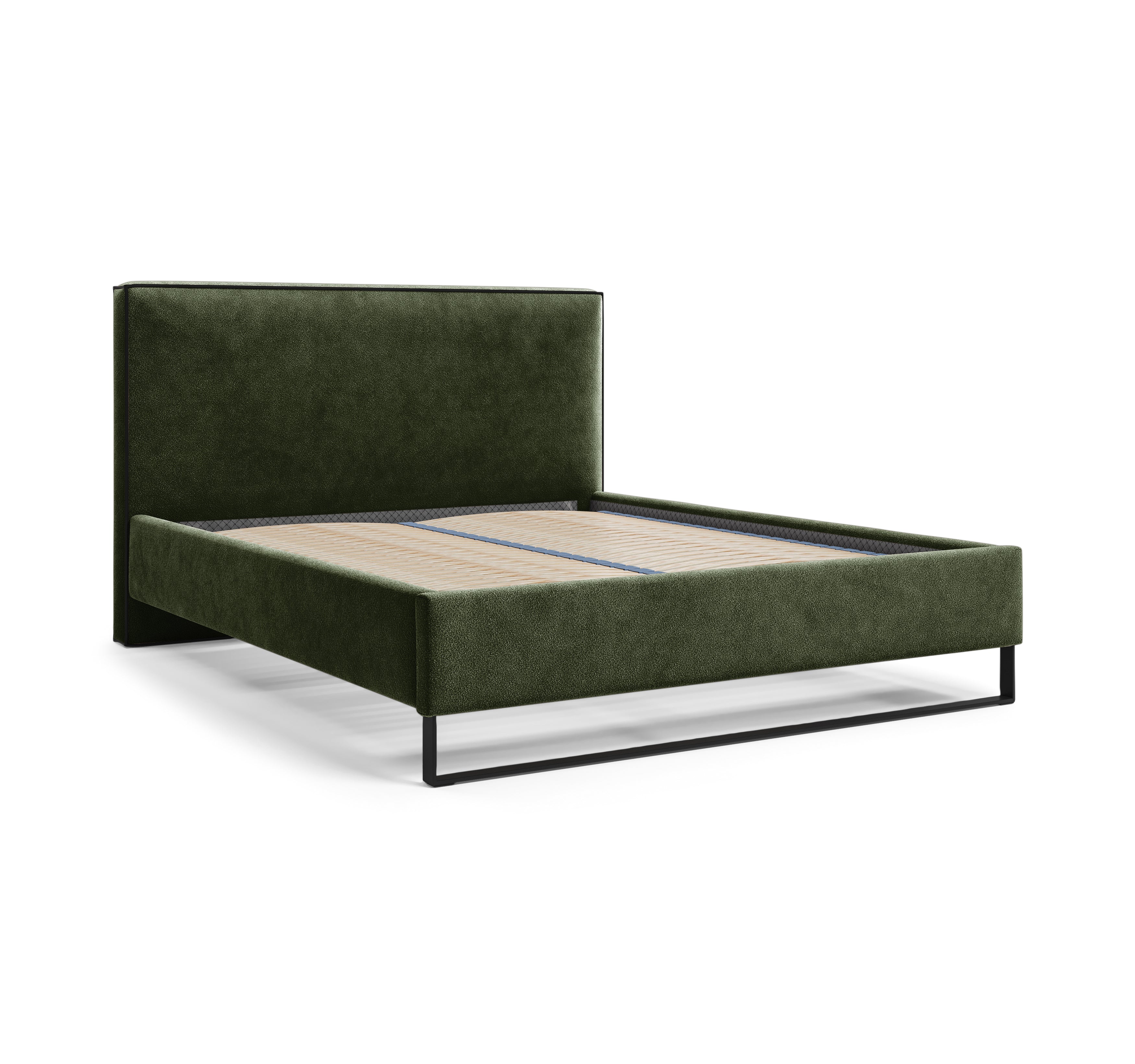 Lit Debelleyme 180x200 en tissu chenille vert Paname Avenue, vue trois-quarts sans matelas sur fond blanc
