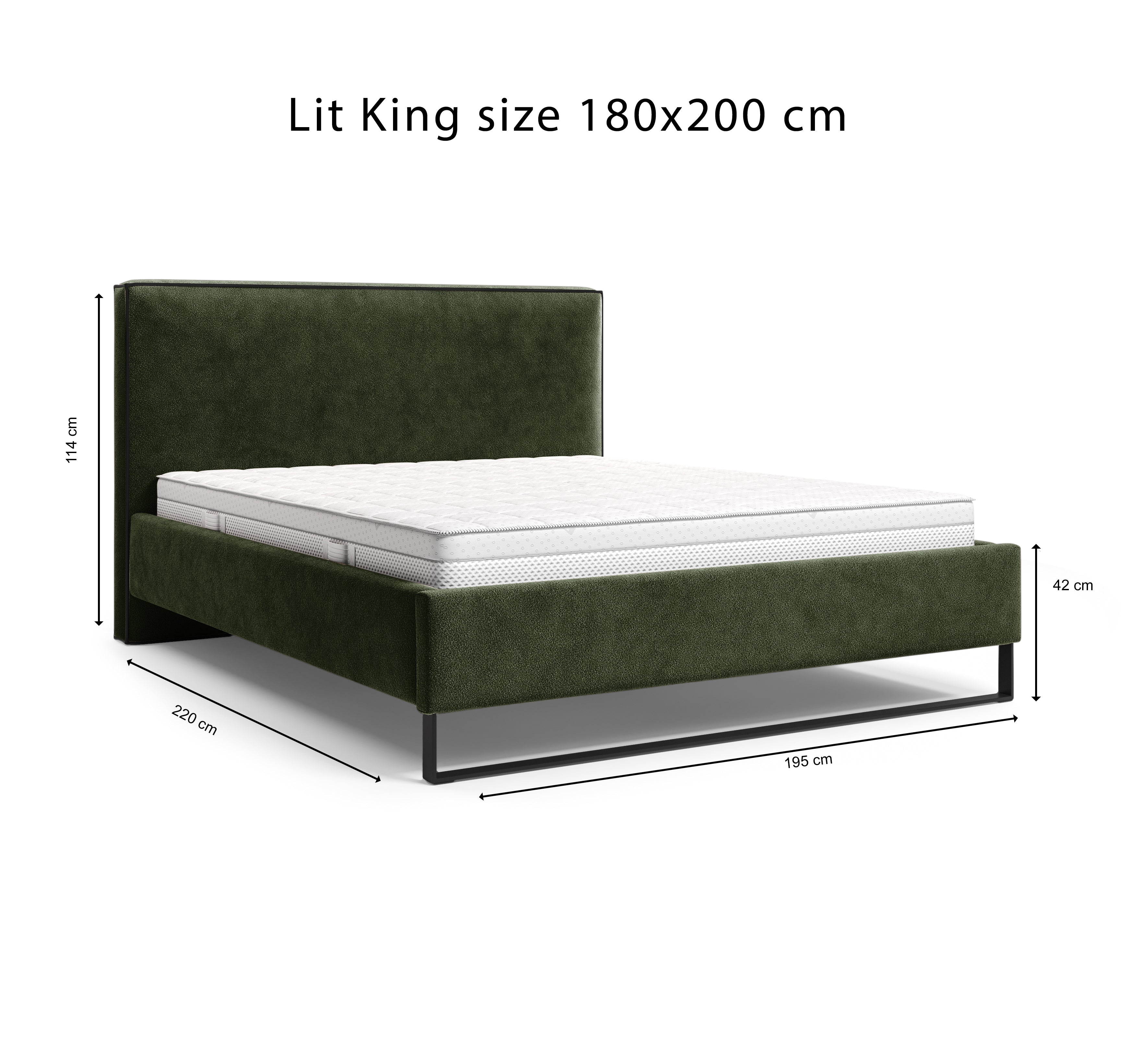 Lit Debelleyme 180x200 en tissu chenille vert Paname Avenue, schéma des dimensions du lit