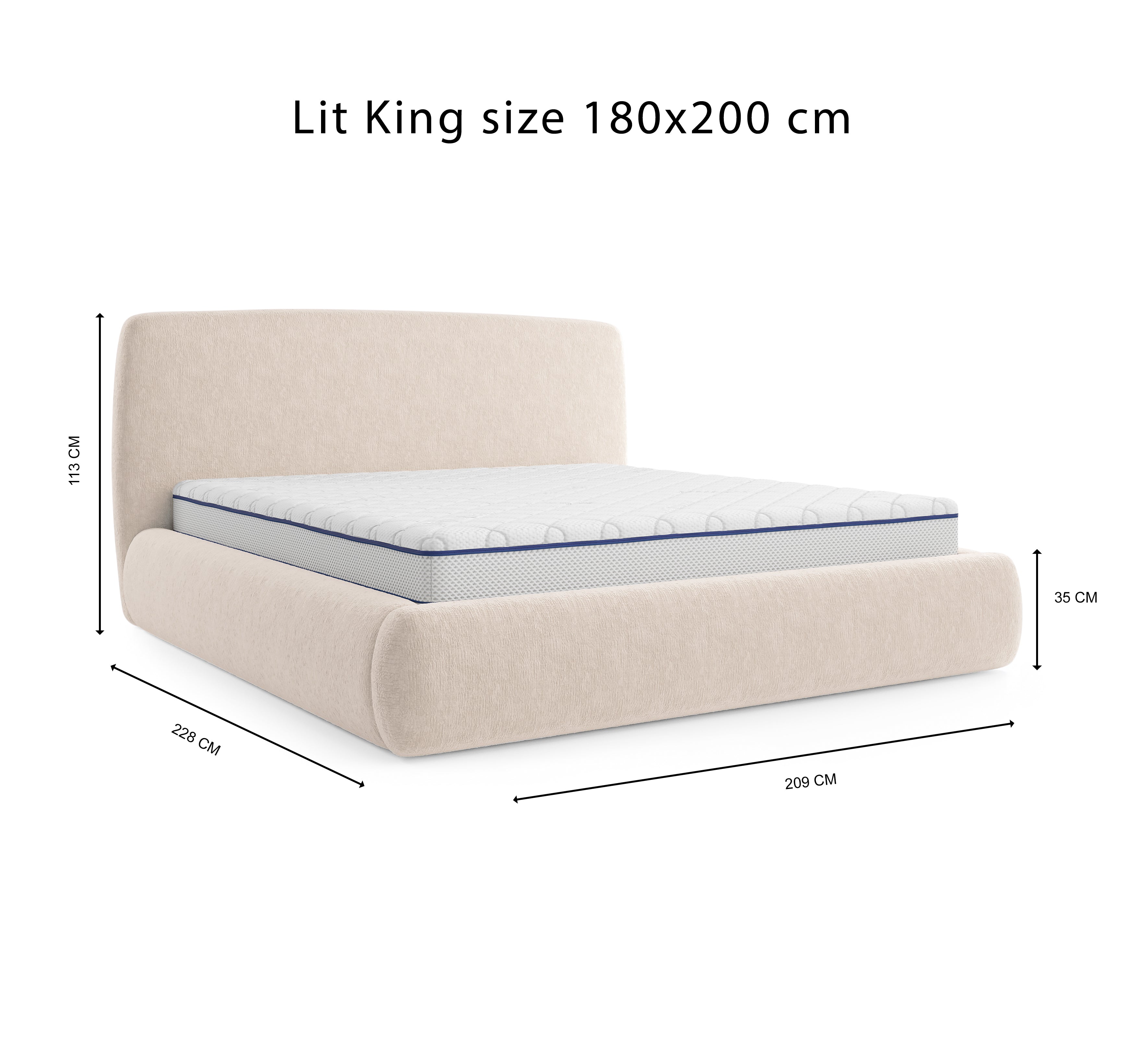 Lit Jeûneurs 180x200 en tissu chenille beige  Paname Avenue, schéma des dimensions du lit