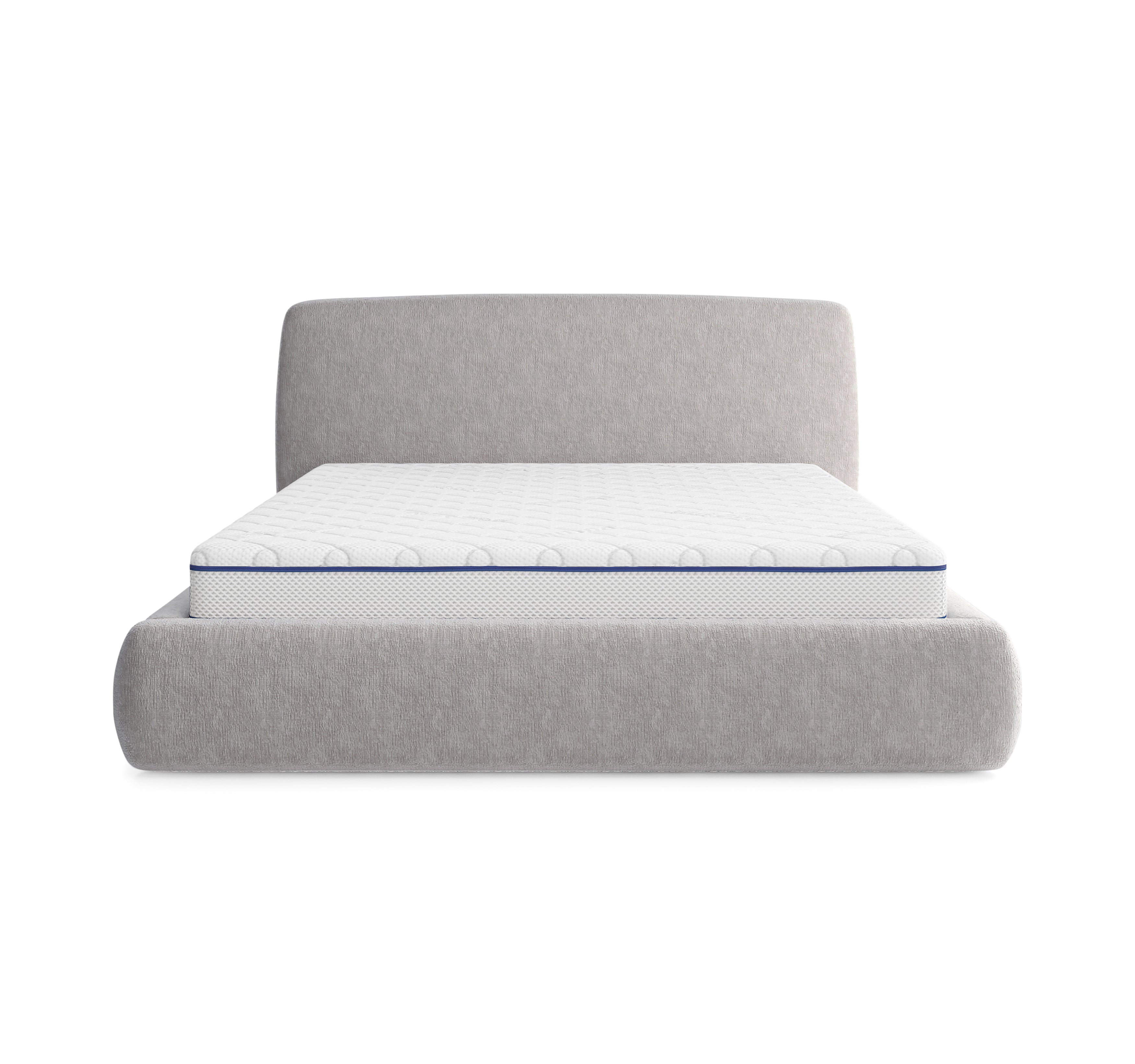 Lit Jeûneurs 180x200 en tissu chenille gris clair Paname Avenue, vue de face sur fond blanc
