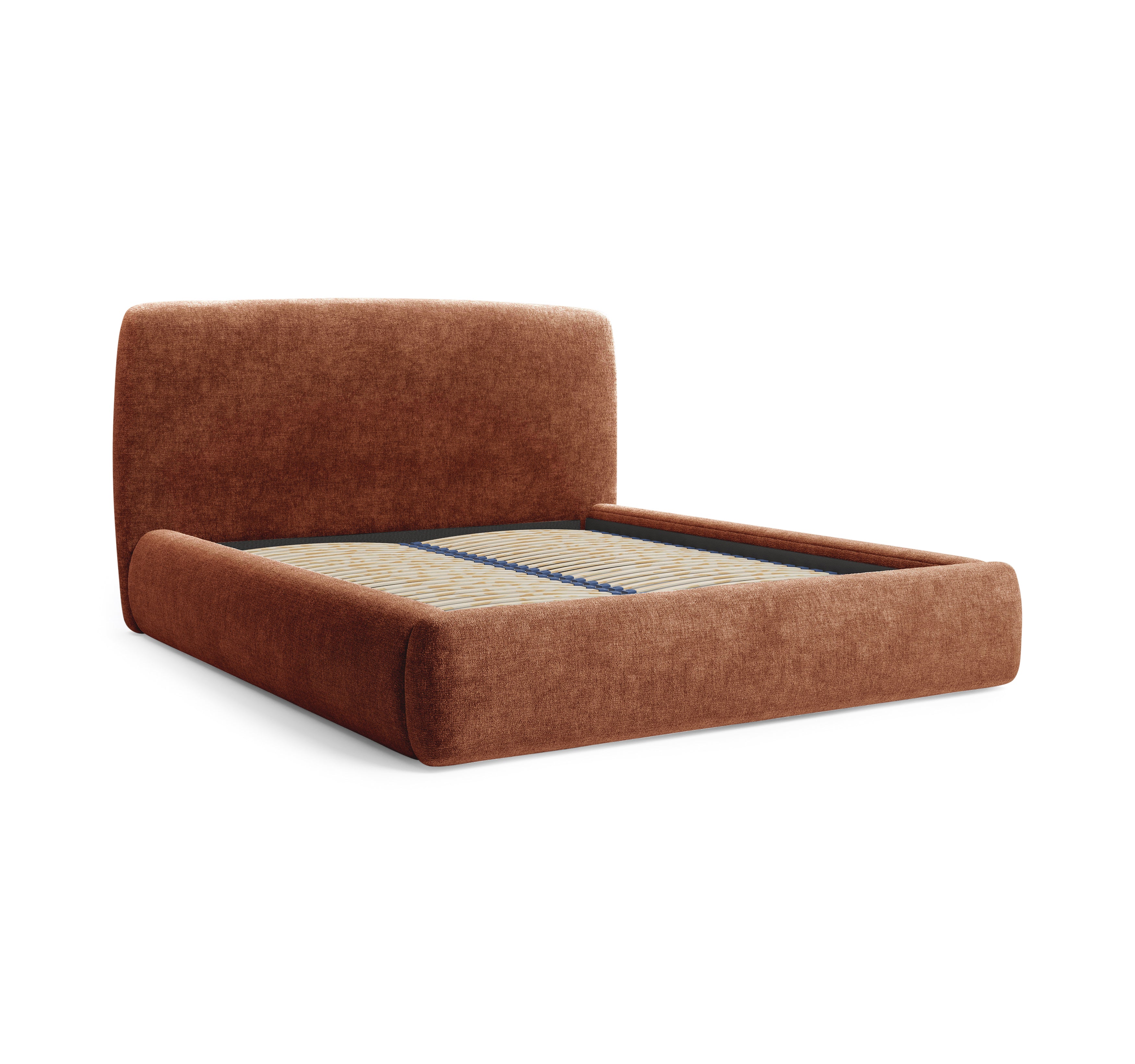 Lit Jeûneurs 180x200 en tissu chenille terracotta  Paname Avenue, vue trois-quarts sans matelas sur fond blanc