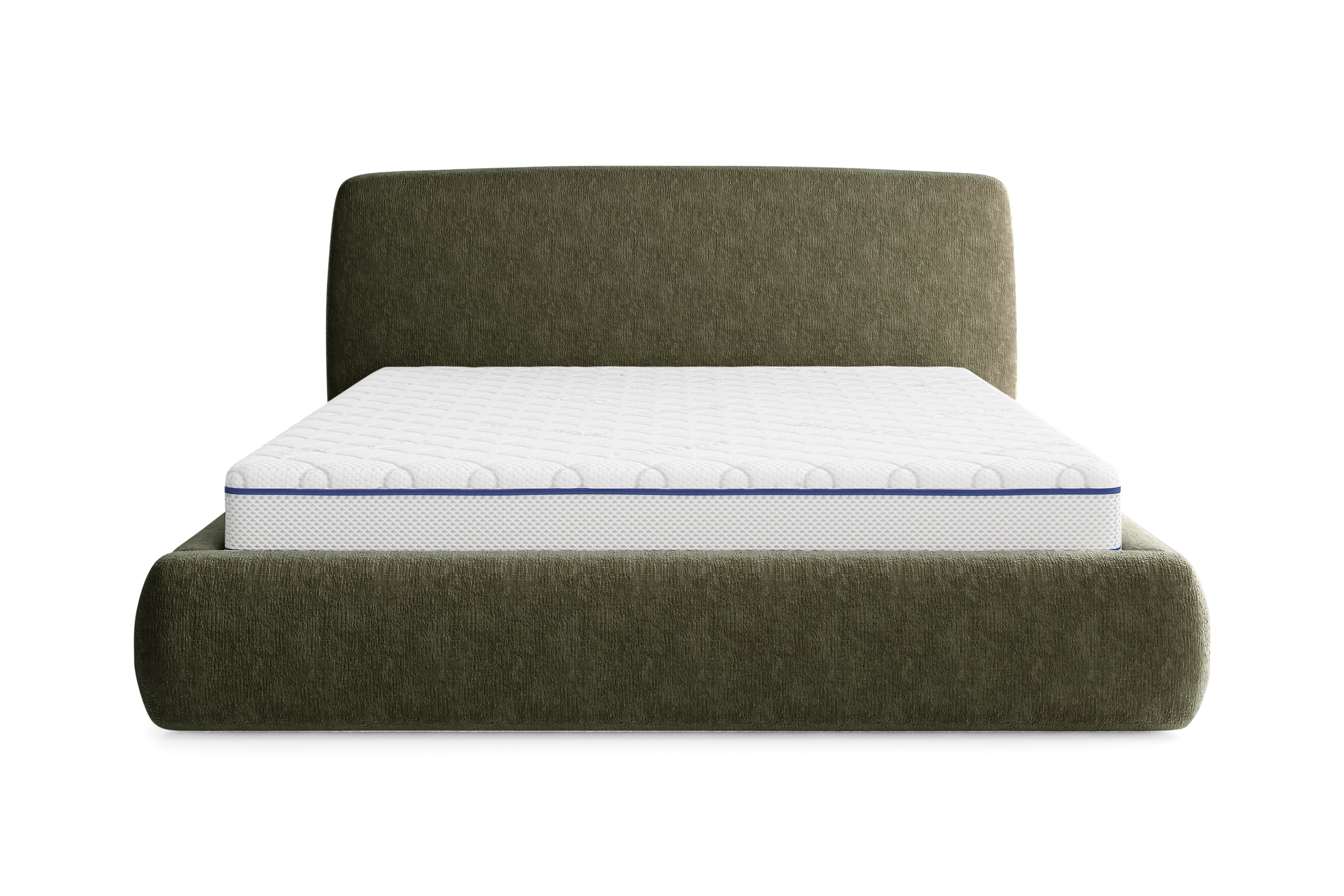 Lit Jeûneurs 180x200 en tissu chenille vert Paname Avenue, vue de face sur fond blanc